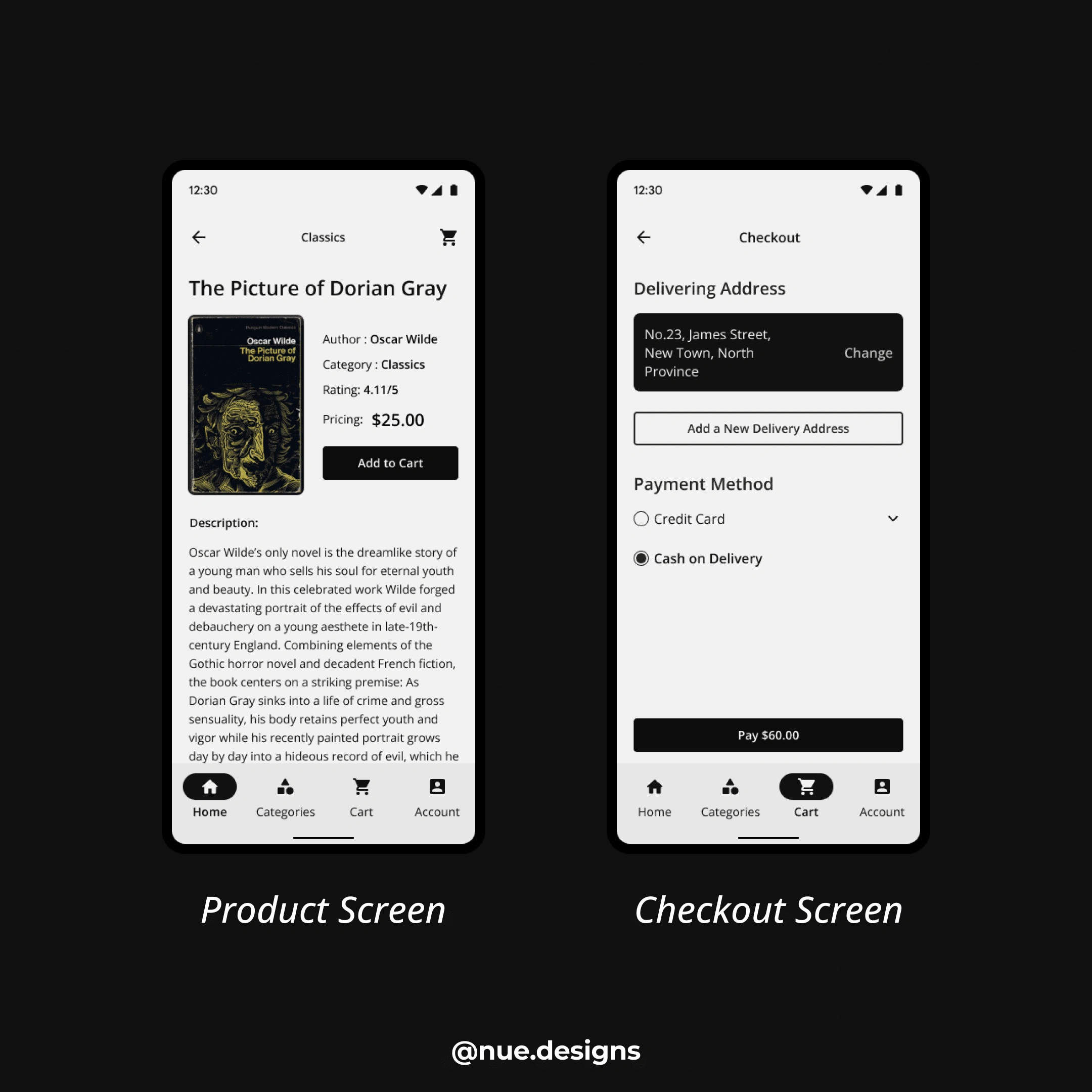 product screen and checkout screen