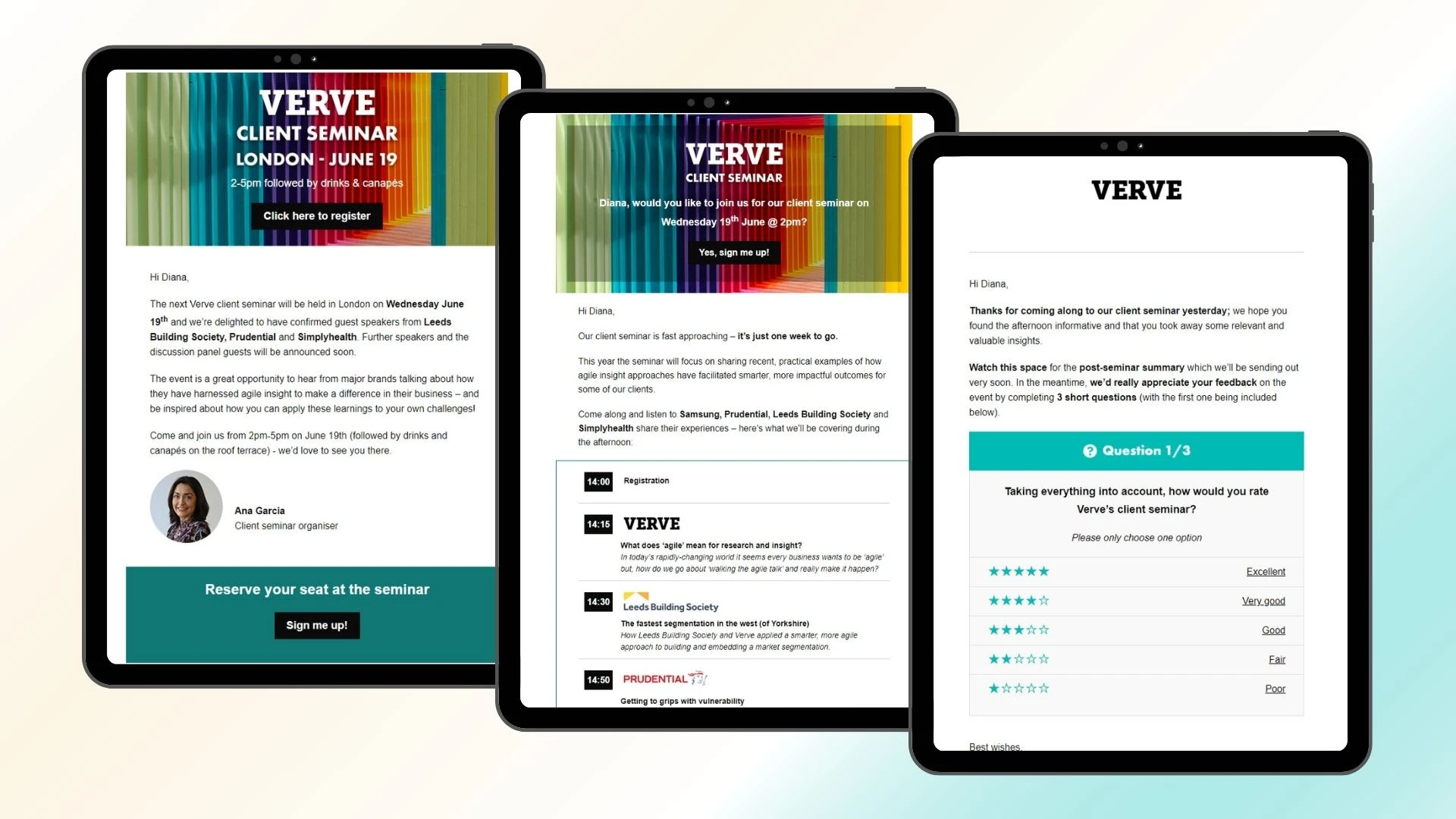 The three event emails: annoucement, agenda, follow up.