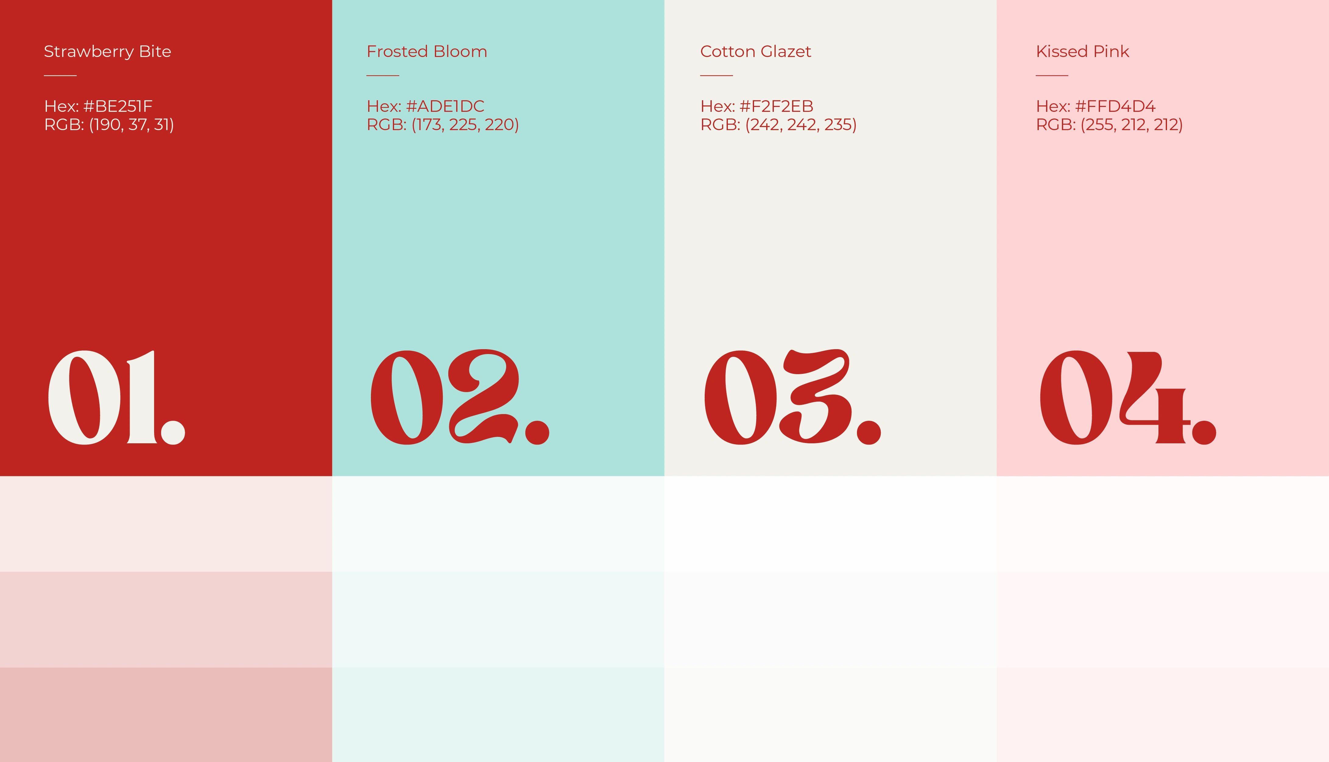 The color palette was chosen to bring vibrance and softness through a curated blend of red, pink, mint, and off-white tones.