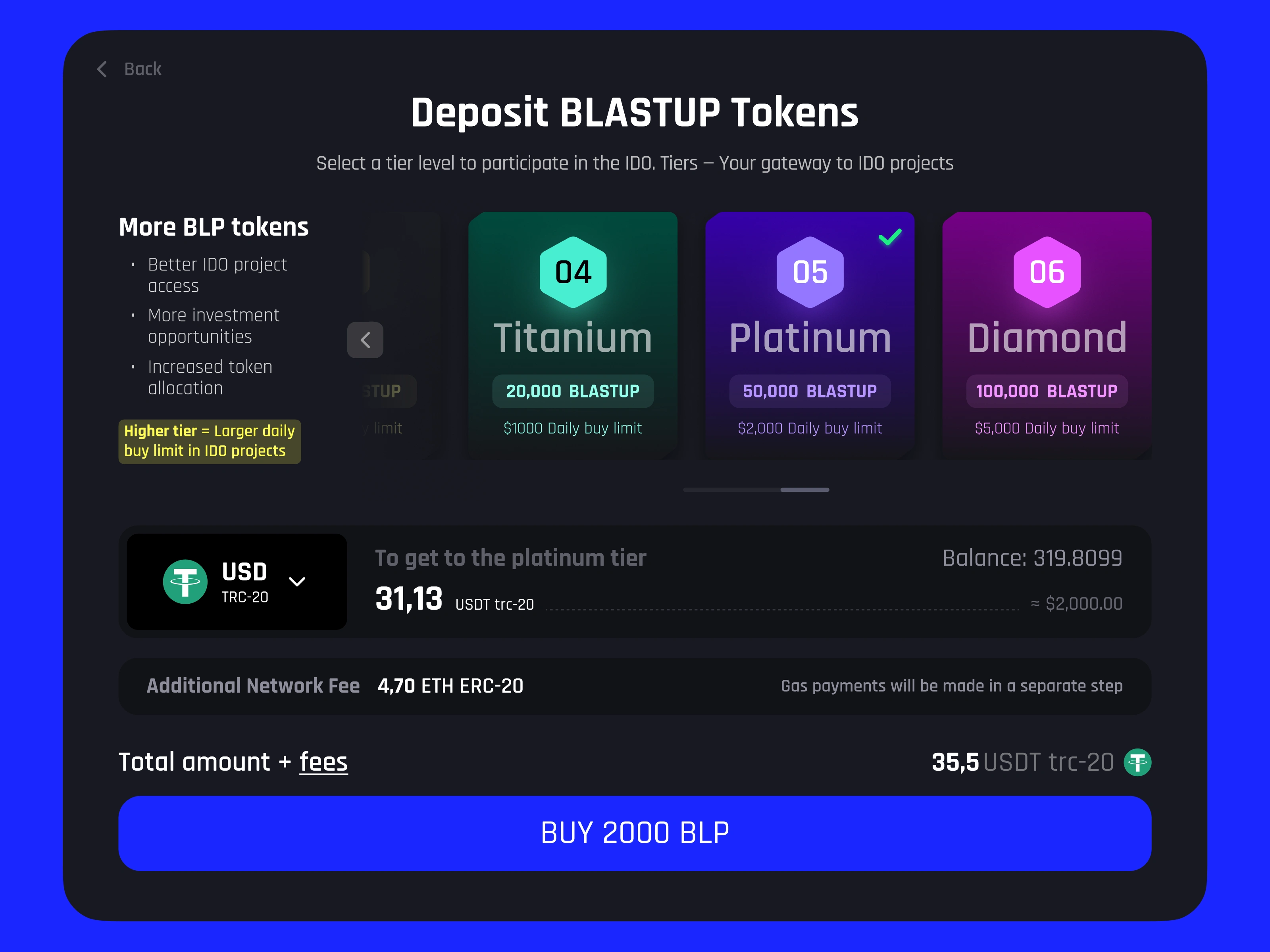 BLP token purchase interface displaying tier-based selection system with Titanium, Platinum, and Diamond options, integrated USD calculator, transparent network fee disclosure, and single-click purchase completion that eliminates multi-platform token acquisition complexity for IDO participants.