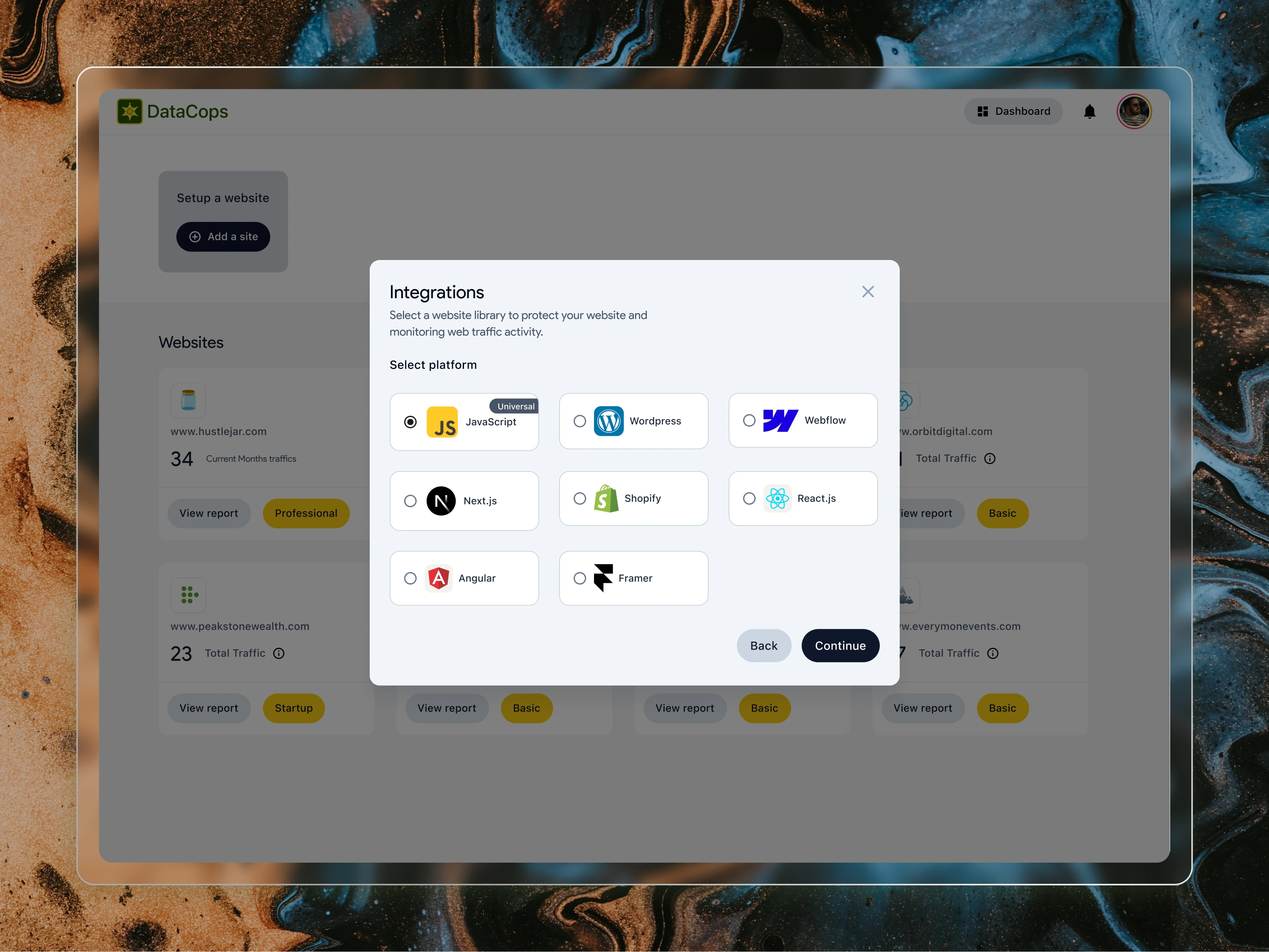 
Step 2 in the setup flow: Platform Integrations! After naming the site, users select their tech stack—from Javascript to Webflow to Next.js. Clear, logo-based options make for a smooth and intuitive onboarding experience.
