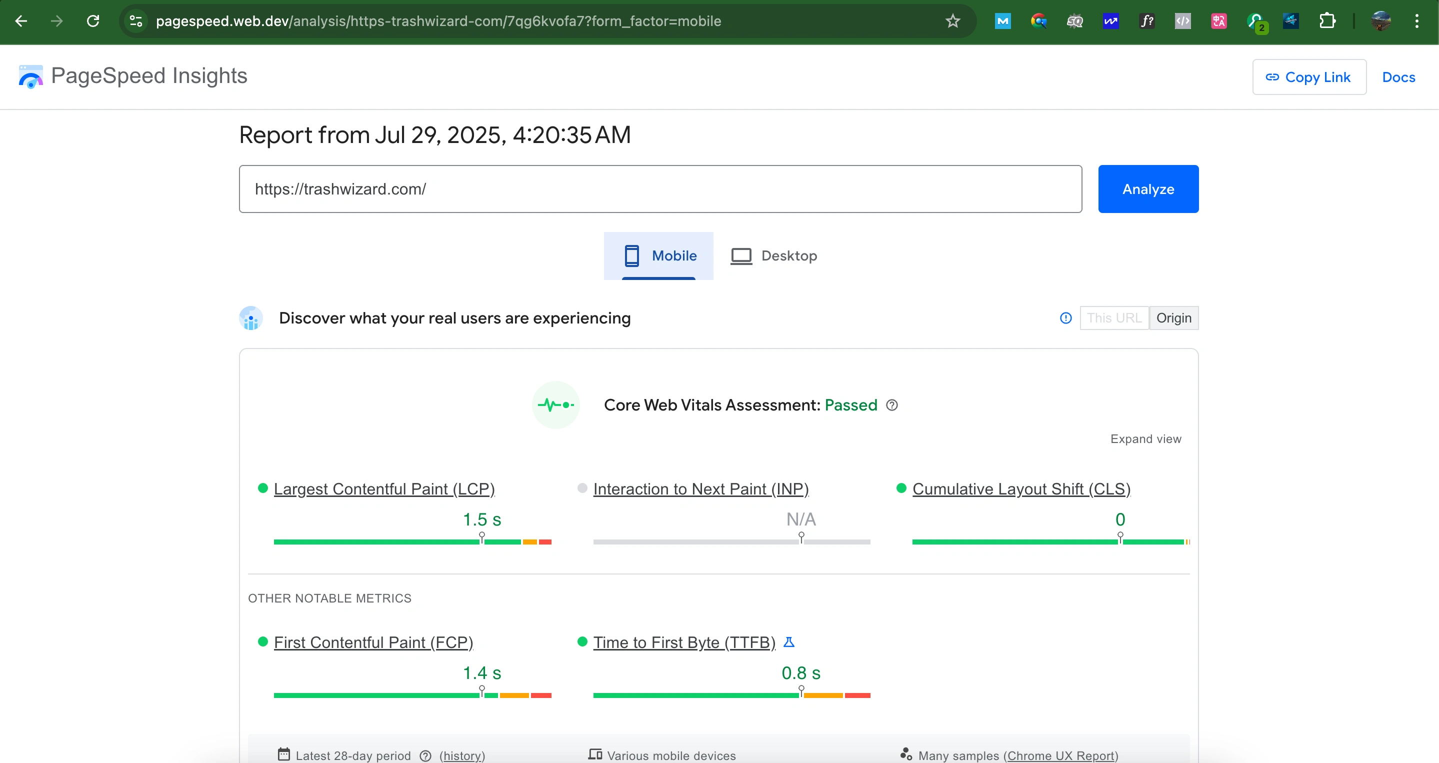 Loading speed of mobile version trashwizard.com 