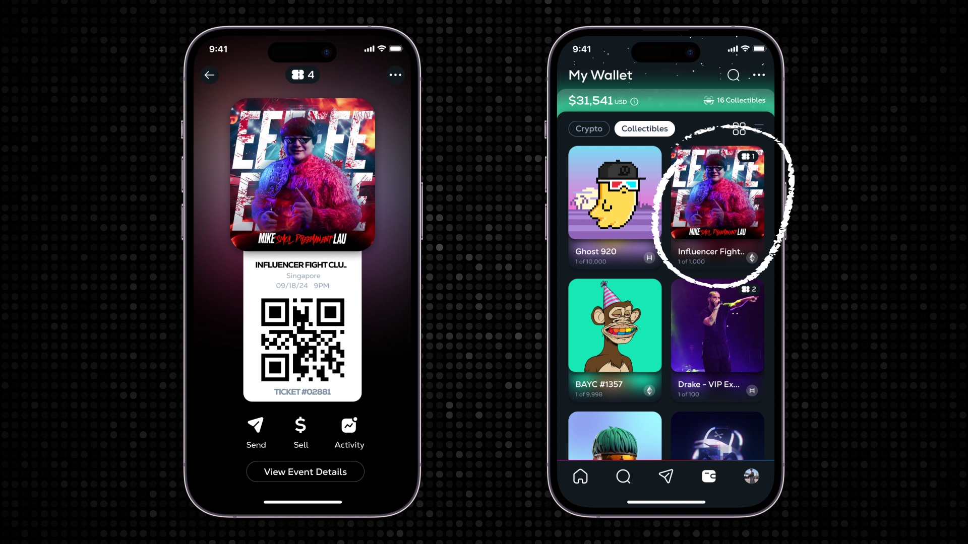Tickets live in the buyer's built-in Calaxy wallet. Tapping on the NFT card would open its detail view. At the gate, the ticket holder simply taps the main card image to slide open the dynamic QR code.