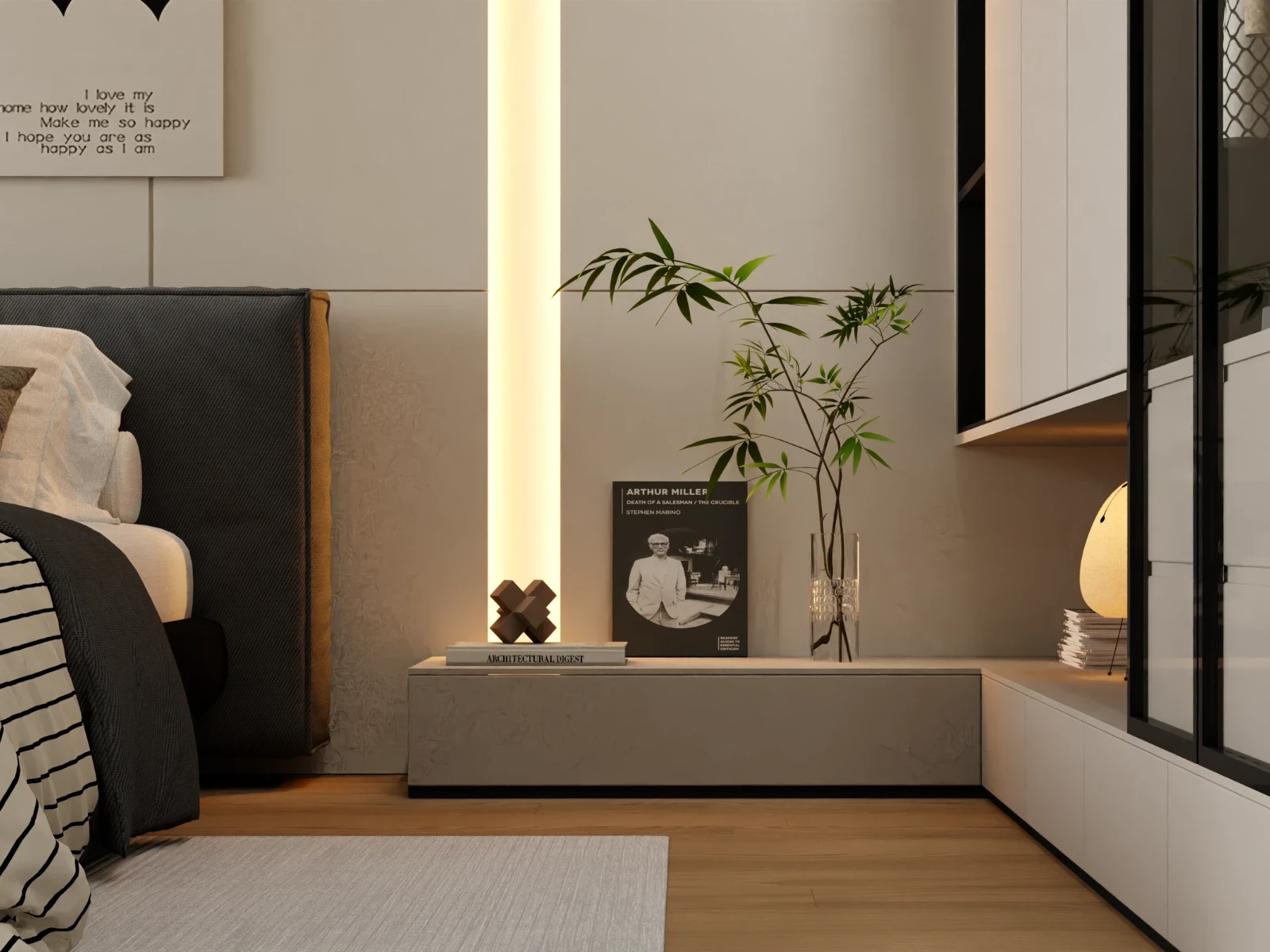 Functional yet elegant elements such as vertical wood paneling, black-out blinds, and warm decorative lighting enhance the sense of calm and order.