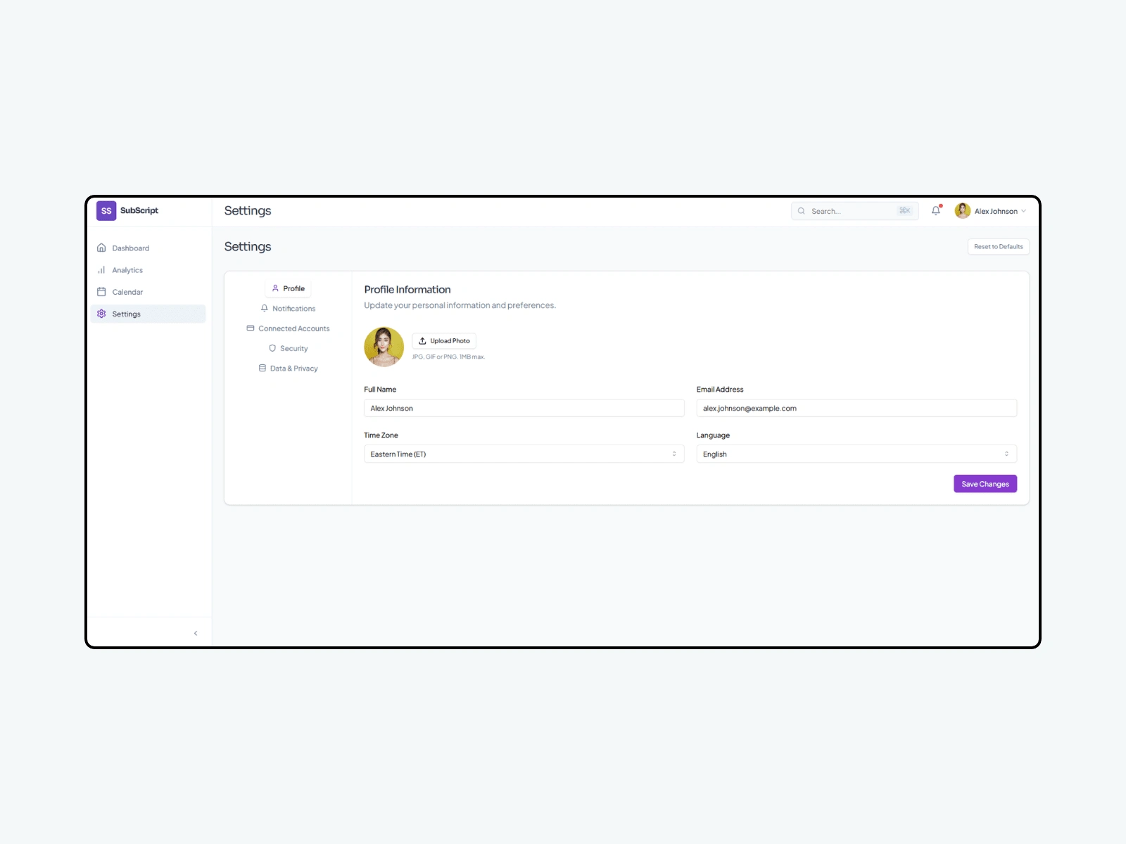 Settings page