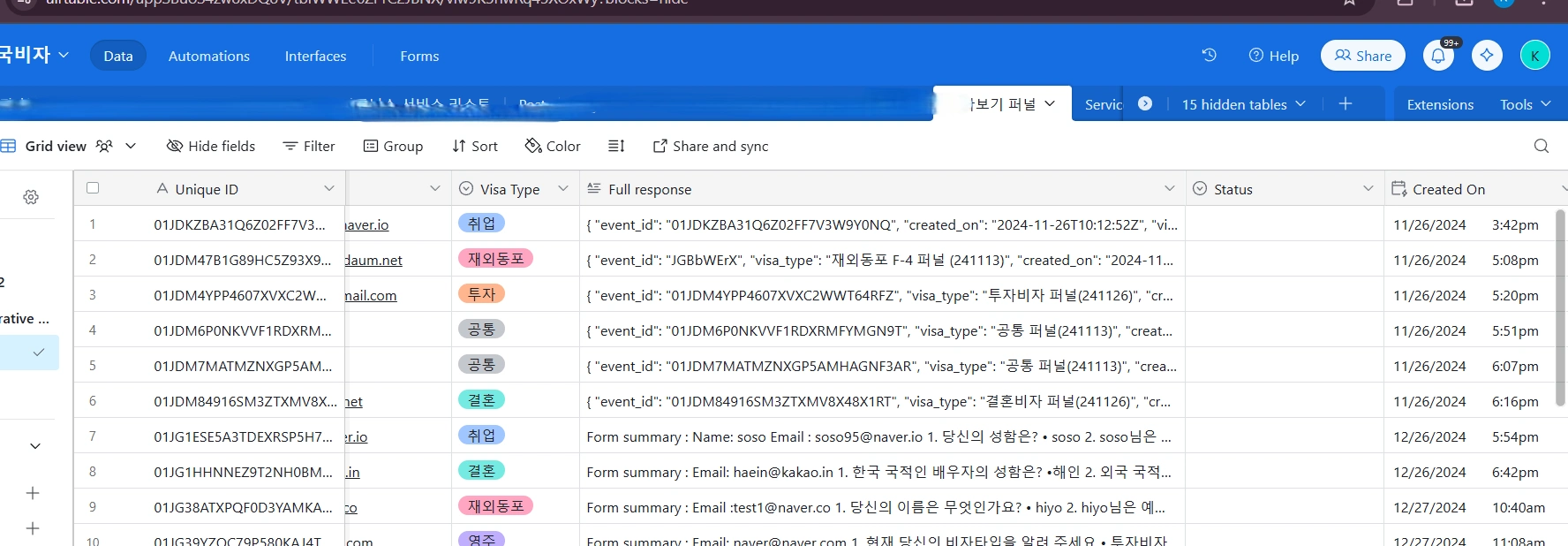 Air table DB showing the data acquired from the make.com automations