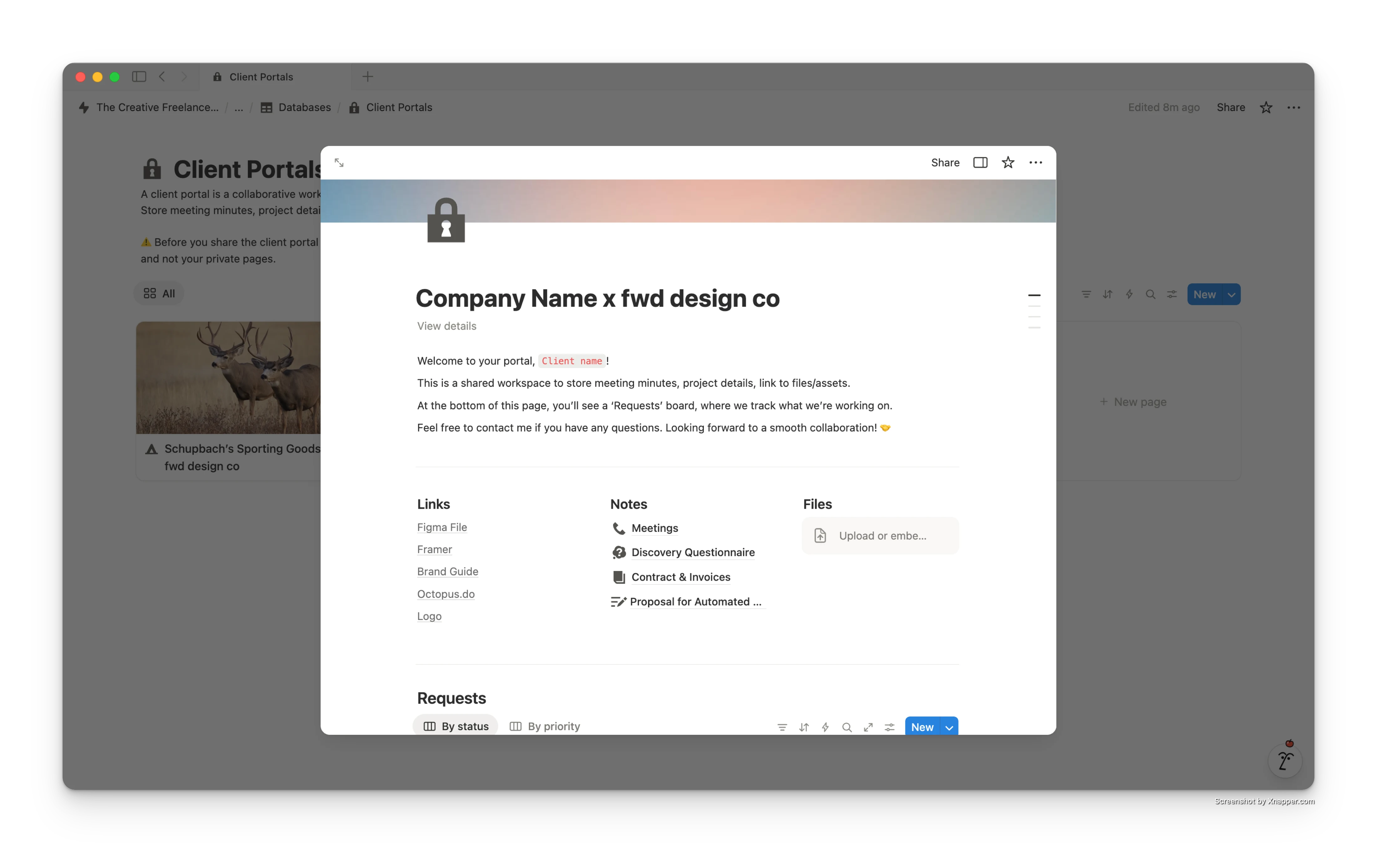 An automatically created client portal in Notion, personalized for each new project and shared between the client and studio for meetings, files, and project updates.