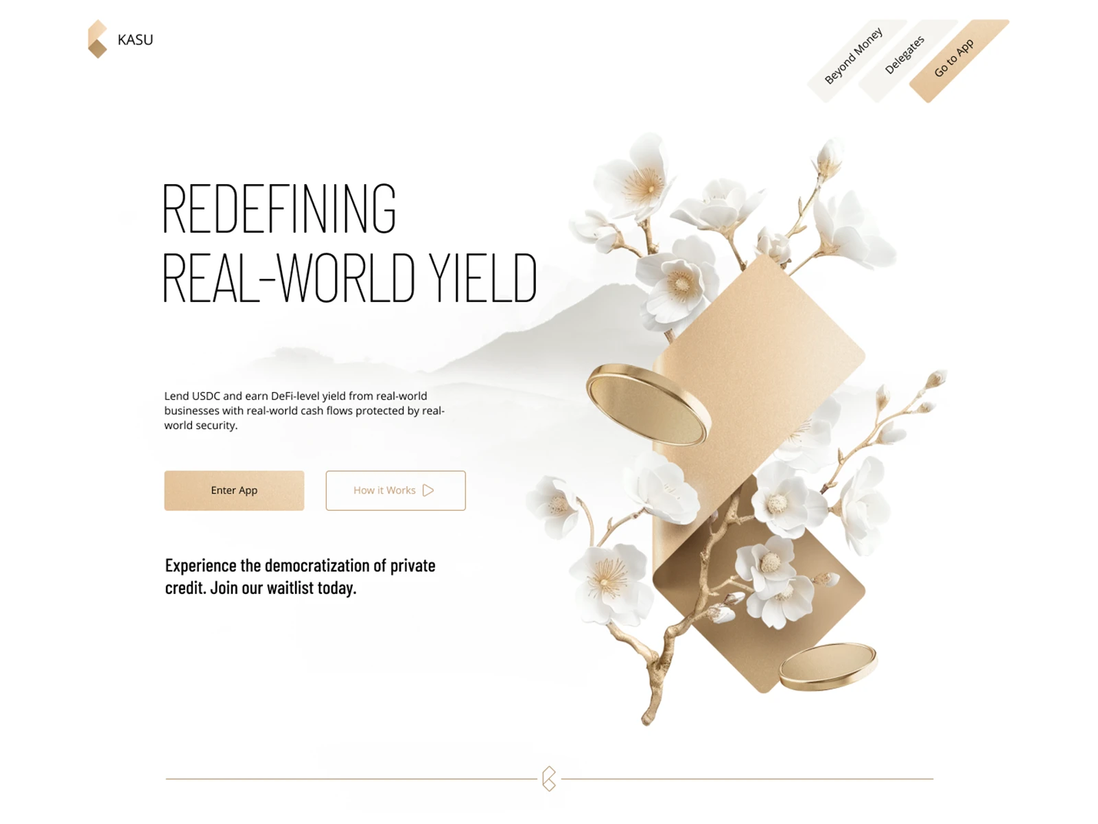  Hero section of the Kasu landing page — soft minimalism, 3D florals, and refined typography to communicate trust and clarity in RWA lending.