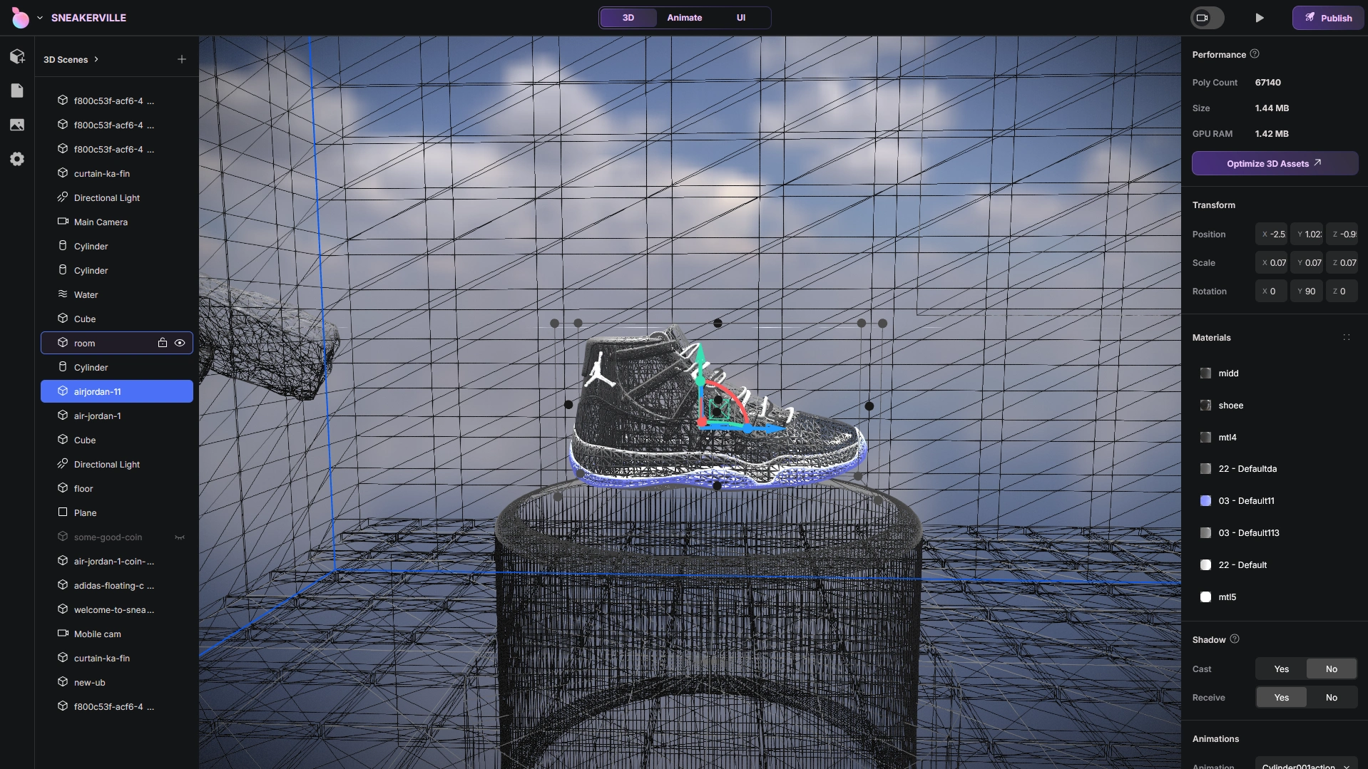 This wireframe view shows how the Air Jordan 11 model was reduced to just 1.47MB of GPU RAM, balancing high detail with a fast, web-friendly footprint.