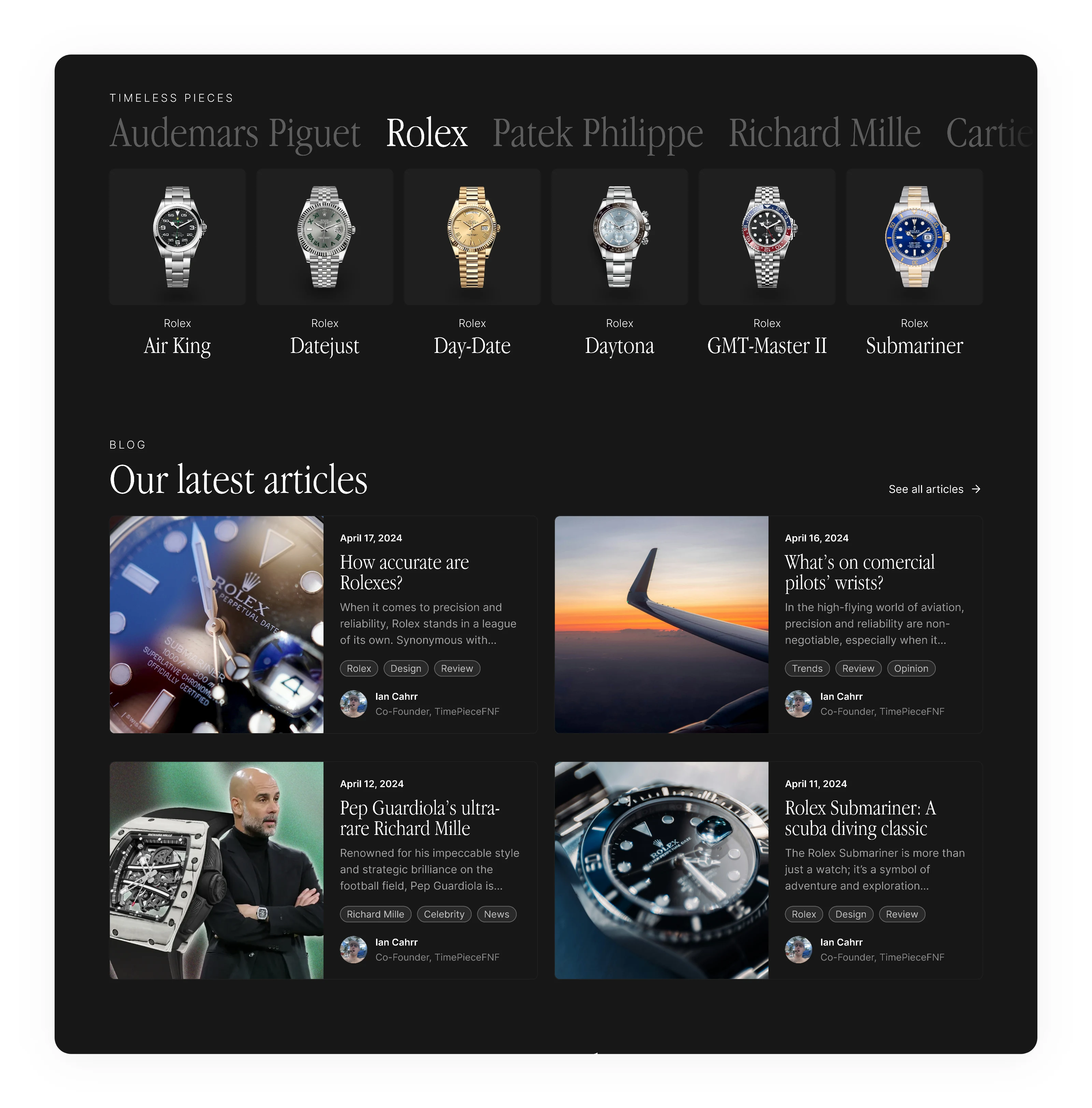 Collections and blog entries sections from the Timepiece FNF landing page.