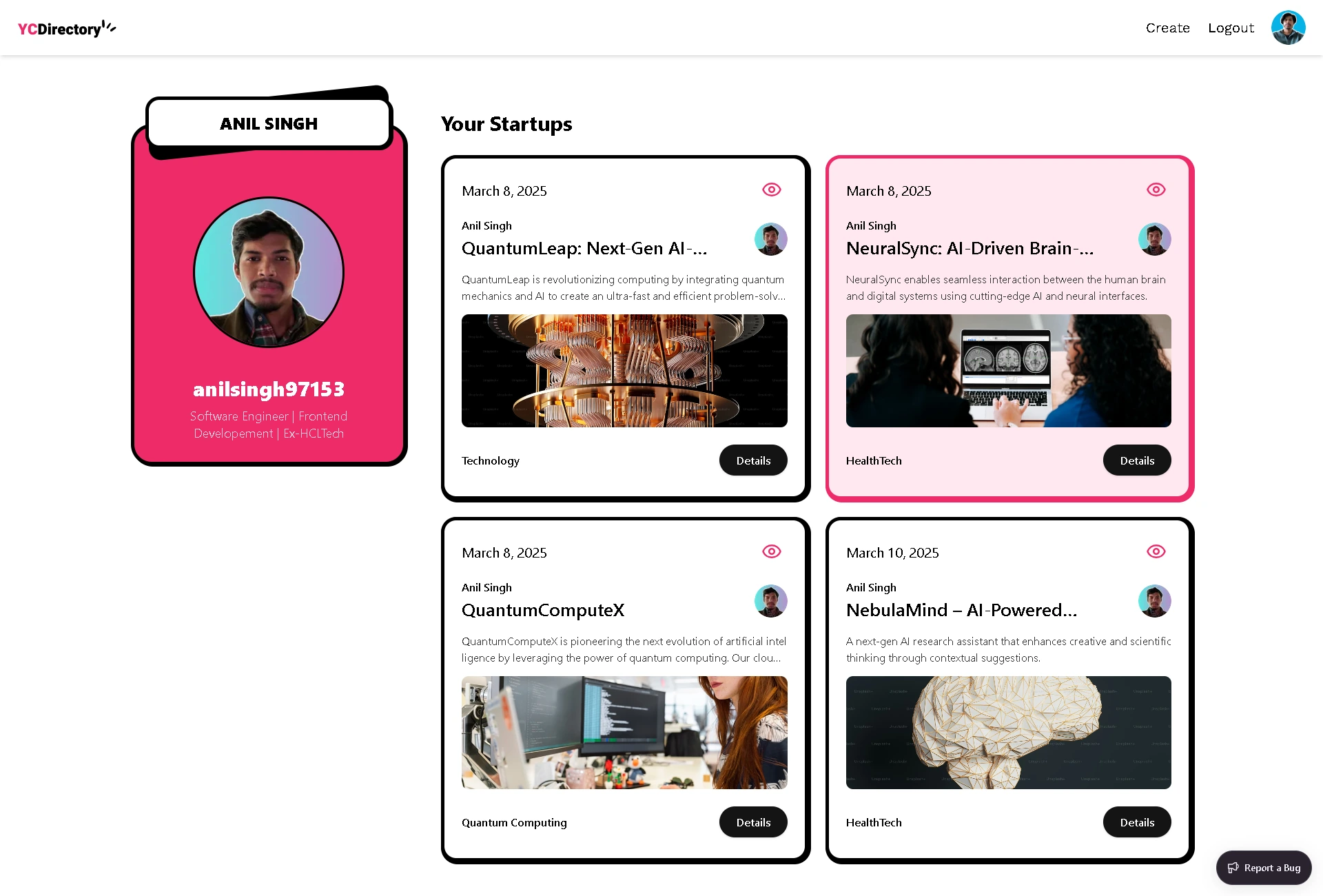 YC directory - User profile and listed Startups