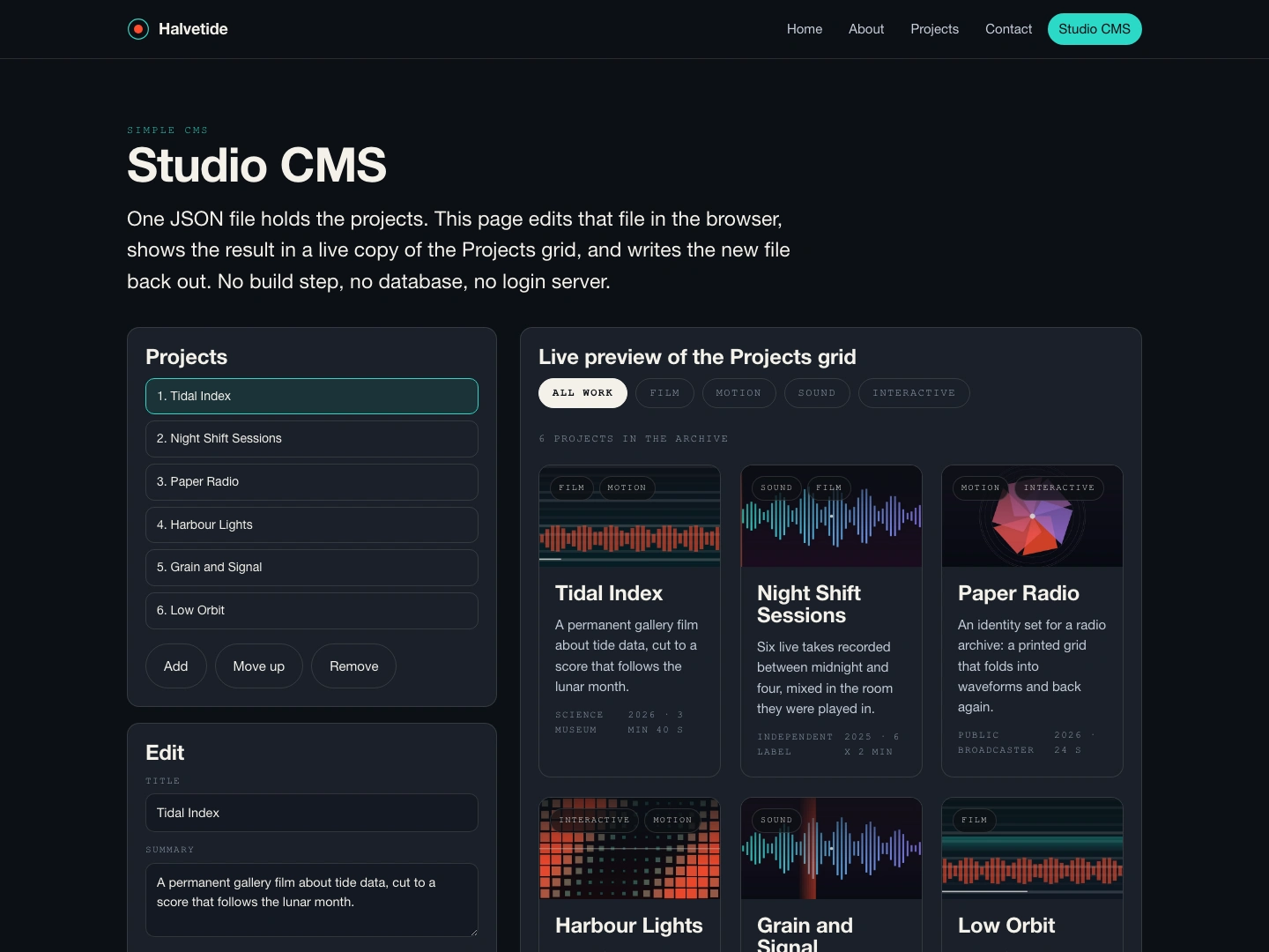Studio CMS: edit the project file in the browser with a live preview