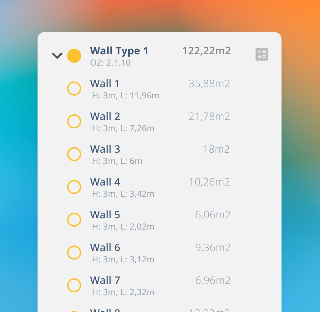 By making mm-exact measurements on the plan, the quantities of the matching positions get calculated in real-time; per wall, floor, or phase.