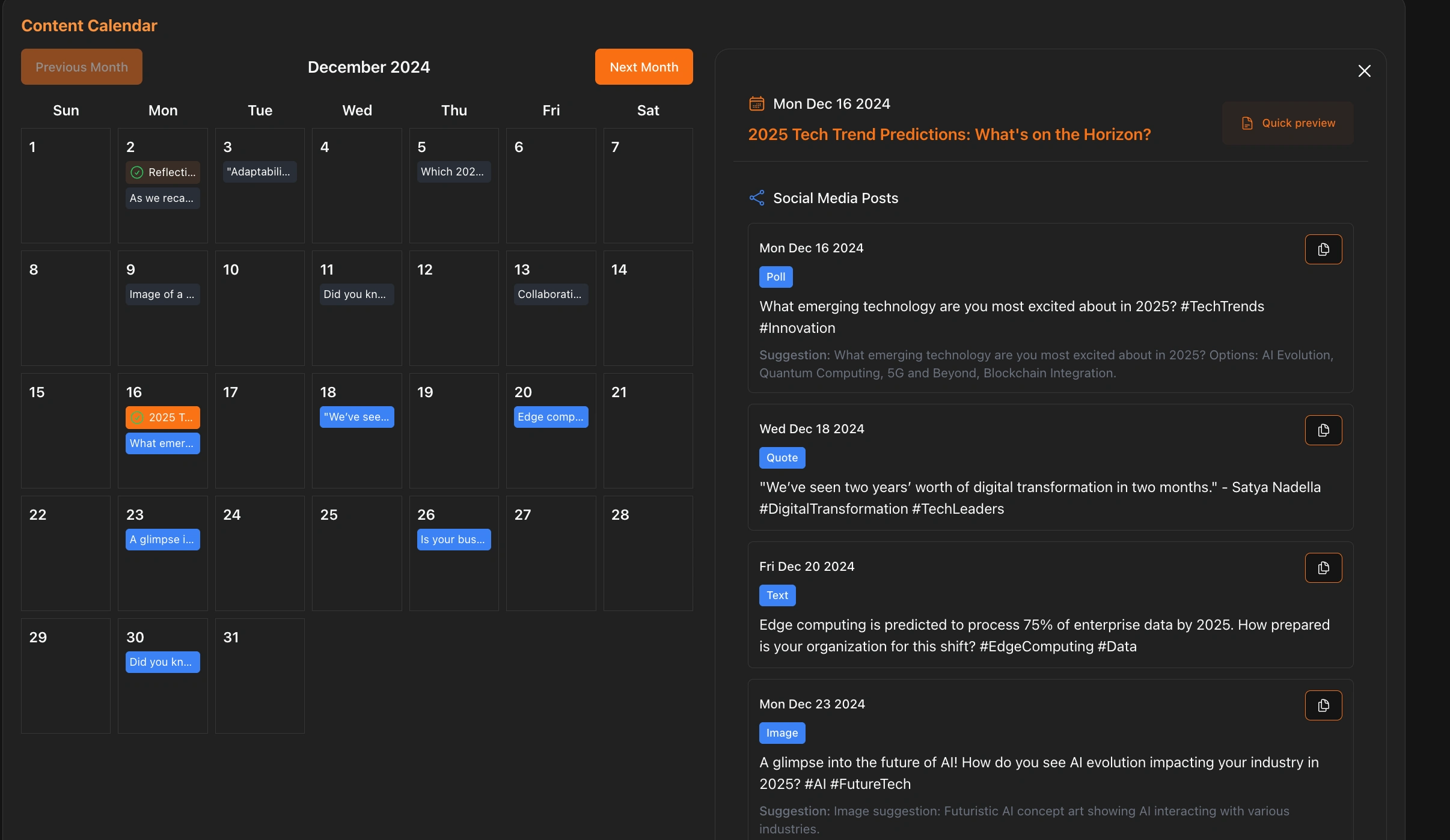 Generated content calendar for the start of the 2025 content campaign for a tech consultancy 