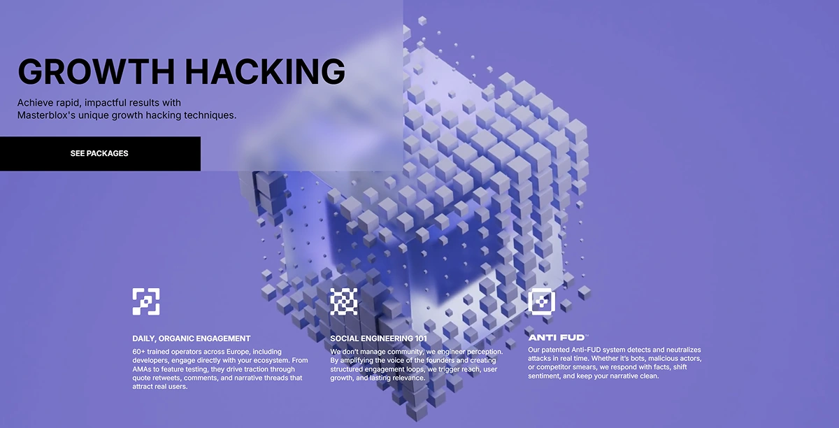 Section dedicated to Masterblox flagship proposition with a custom 3D animation loop background