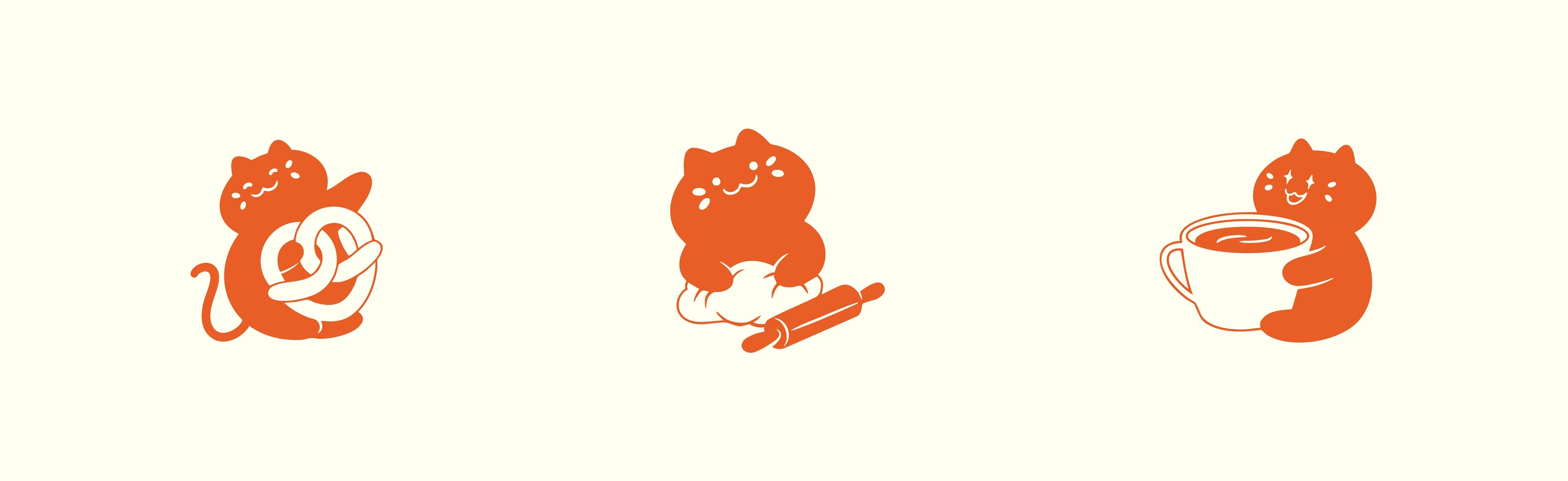 Kitzu mascot series featuring cute orange cat baking, serving coffee, and holding pretzel.