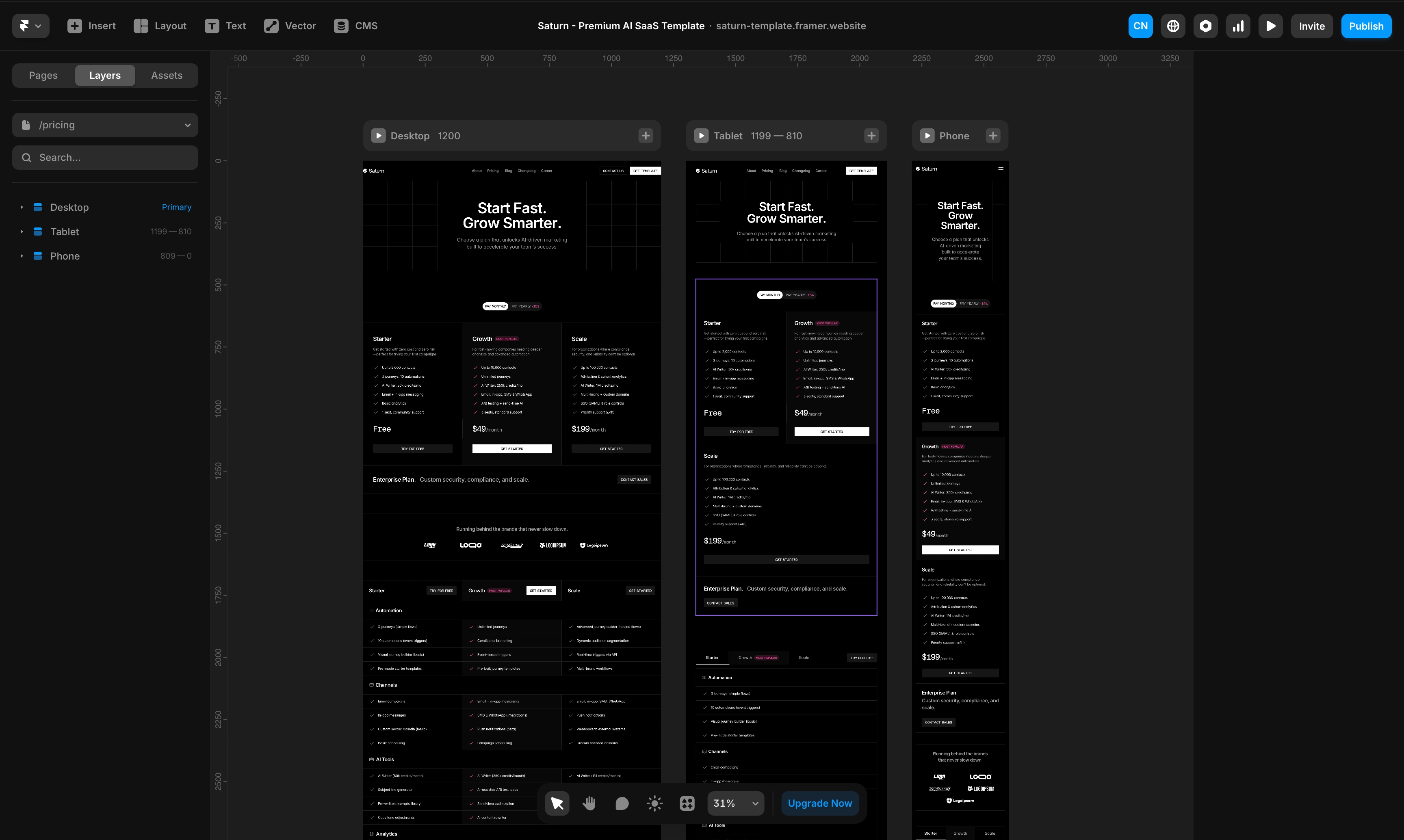 An Image showcase of Saturn website on a Framer workspace