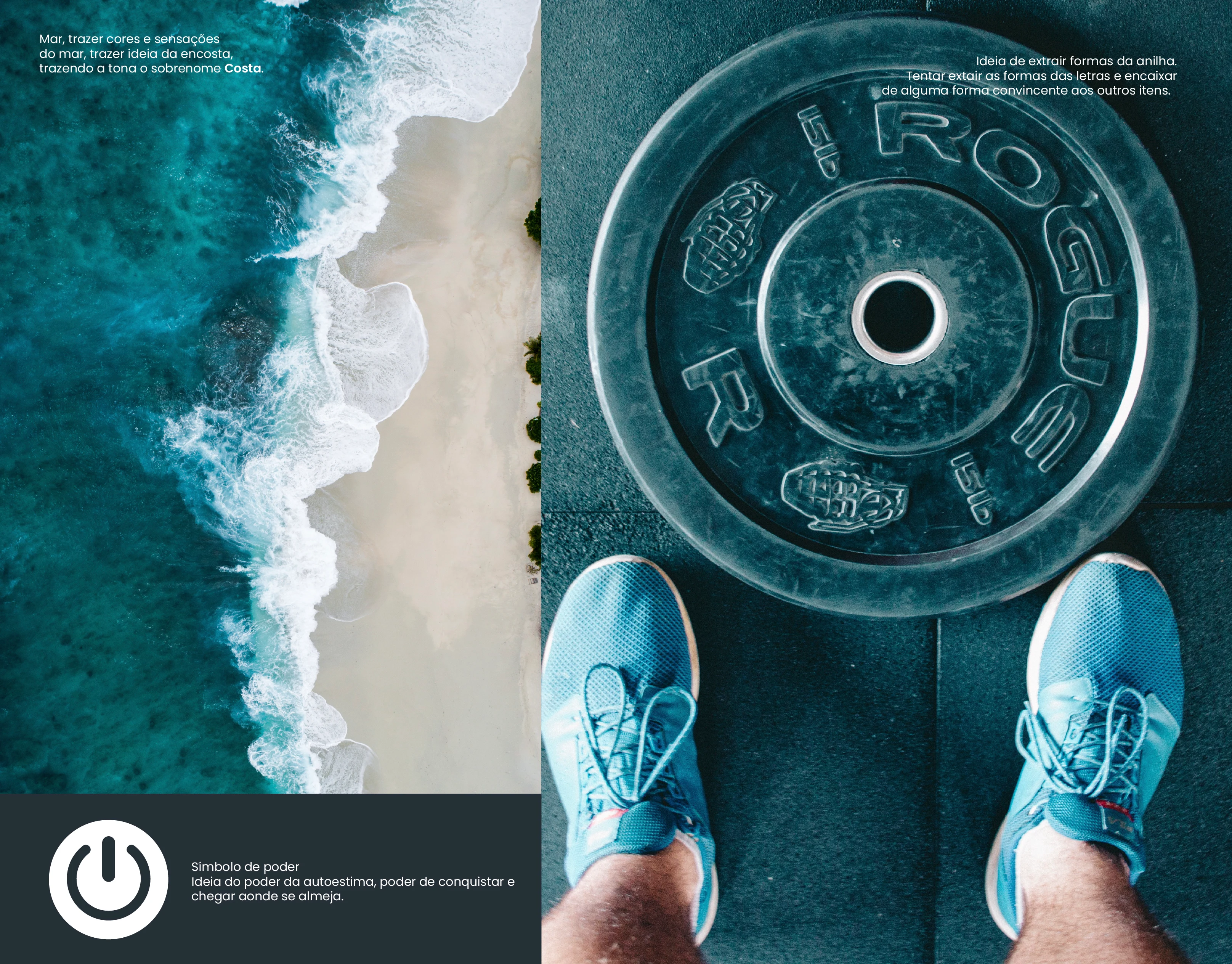 First image - Sea, bringing colors and sensations of the sea, bringing the idea of the hillside, bringing to mind the surname "Costa." | Second image - Symbol of power, idea of the power of self-esteem, power to achieve one's goals. | 
Third image - Idea of extracting shapes from the washer. Try to extract shapes from the letters and fit them in a convincing way to the other items.