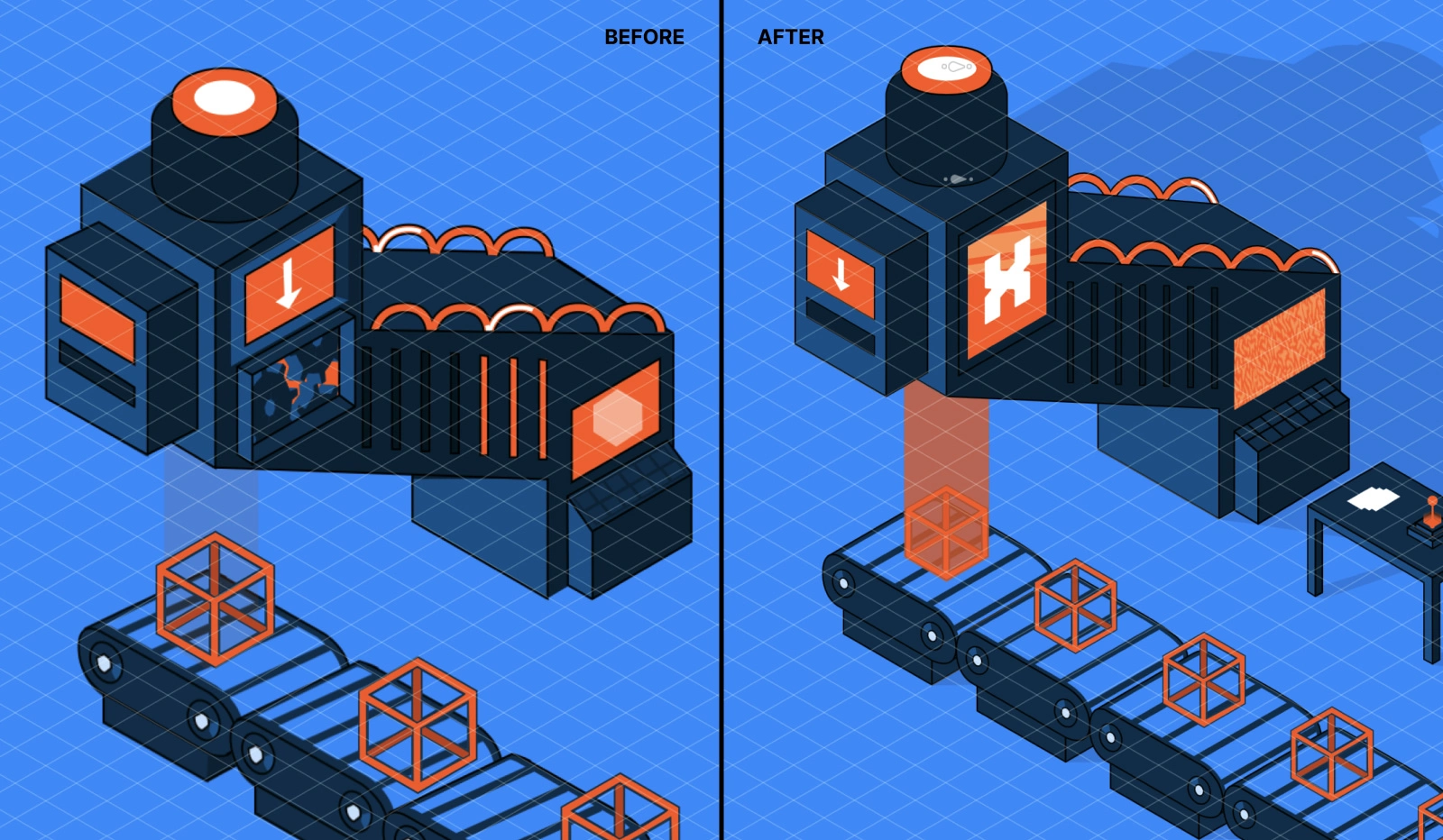 Original design (left) vs redesigned isometric layout with precise grid (right)
