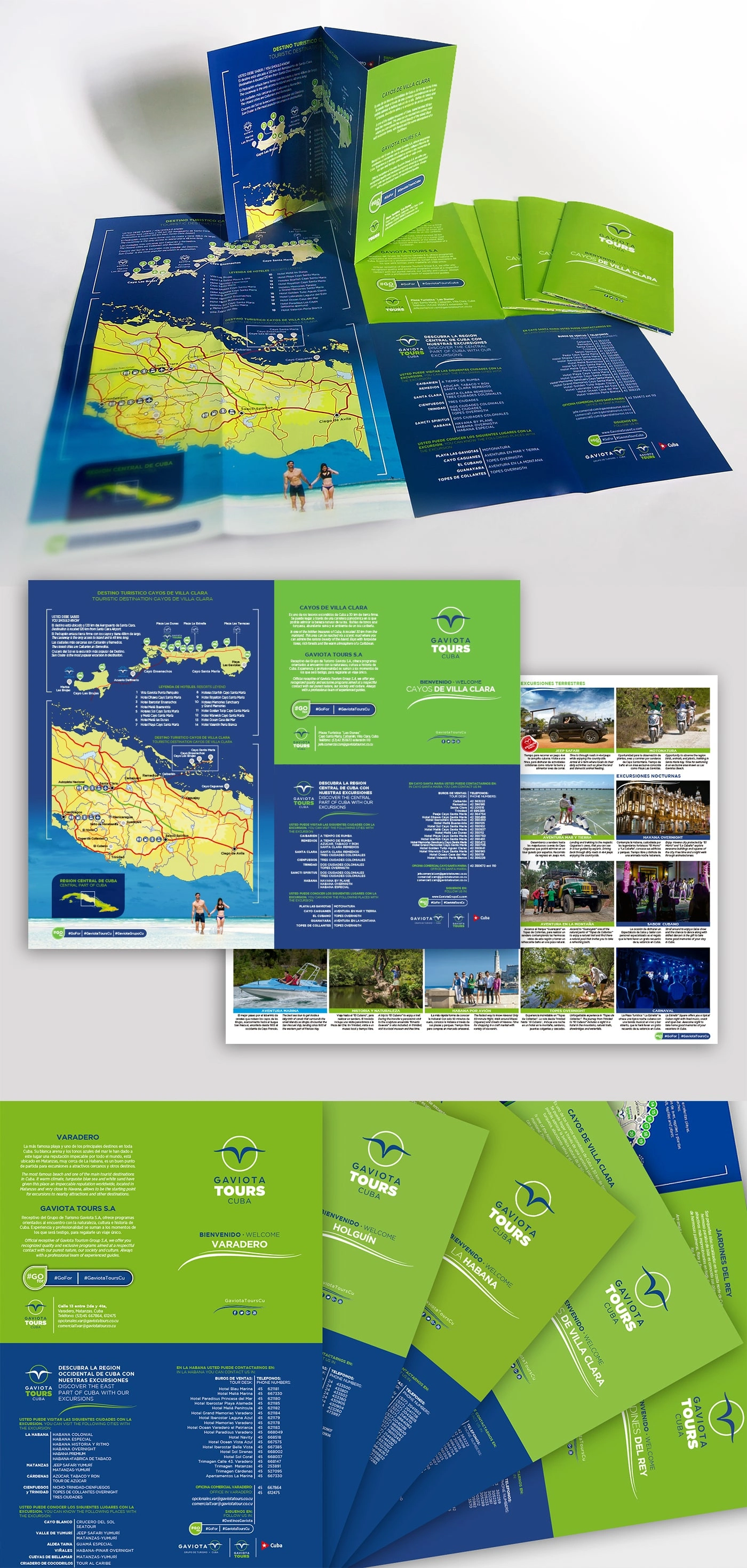 Explore Cuba’s Central Coast with Gaviota Tours — vibrant brochures showcasing Cayos de Villa Clara, Varadero, Havana & more. Discover beaches, history, and adventure in bold blue and green design.