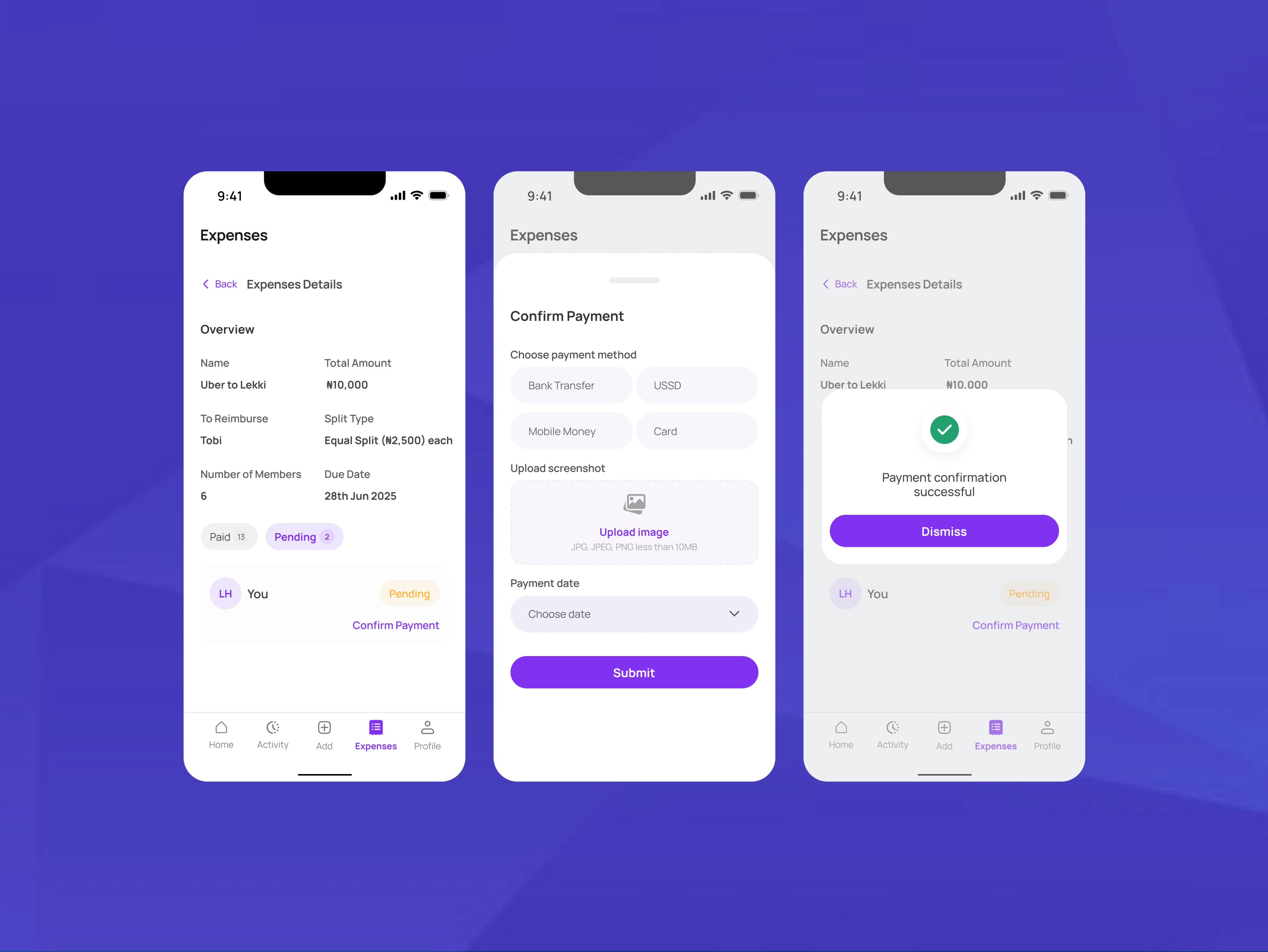 Paid expenses & pending expenses details screen.