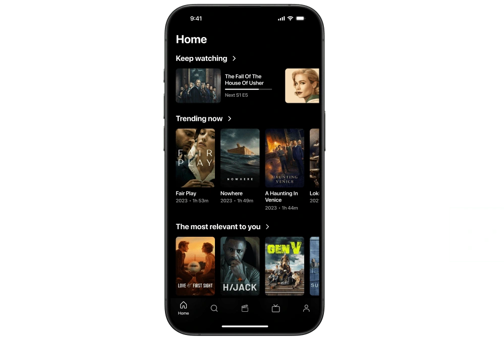 On the home screen, there is a section that shows the series the user is watching, so they can quickly recall where they stopped, and also sections where the user can find out which movies or TV series are trending and which ones are more suitable for them based on their viewing history.