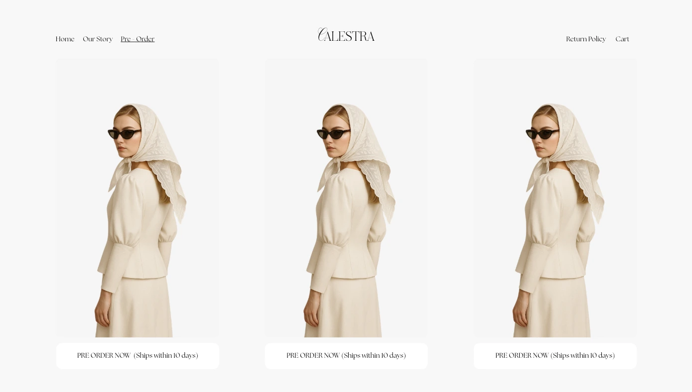 This early pre-order layout showcases how Calestra’s first product will be positioned as a collectible object. While currently shown with one visual, the structure is designed to support a full suite of imagery at launch, preserving elegance, enabling scale, and reinforcing the brand’s storytelling-first approach. Note: the final site will feature more than one product. 