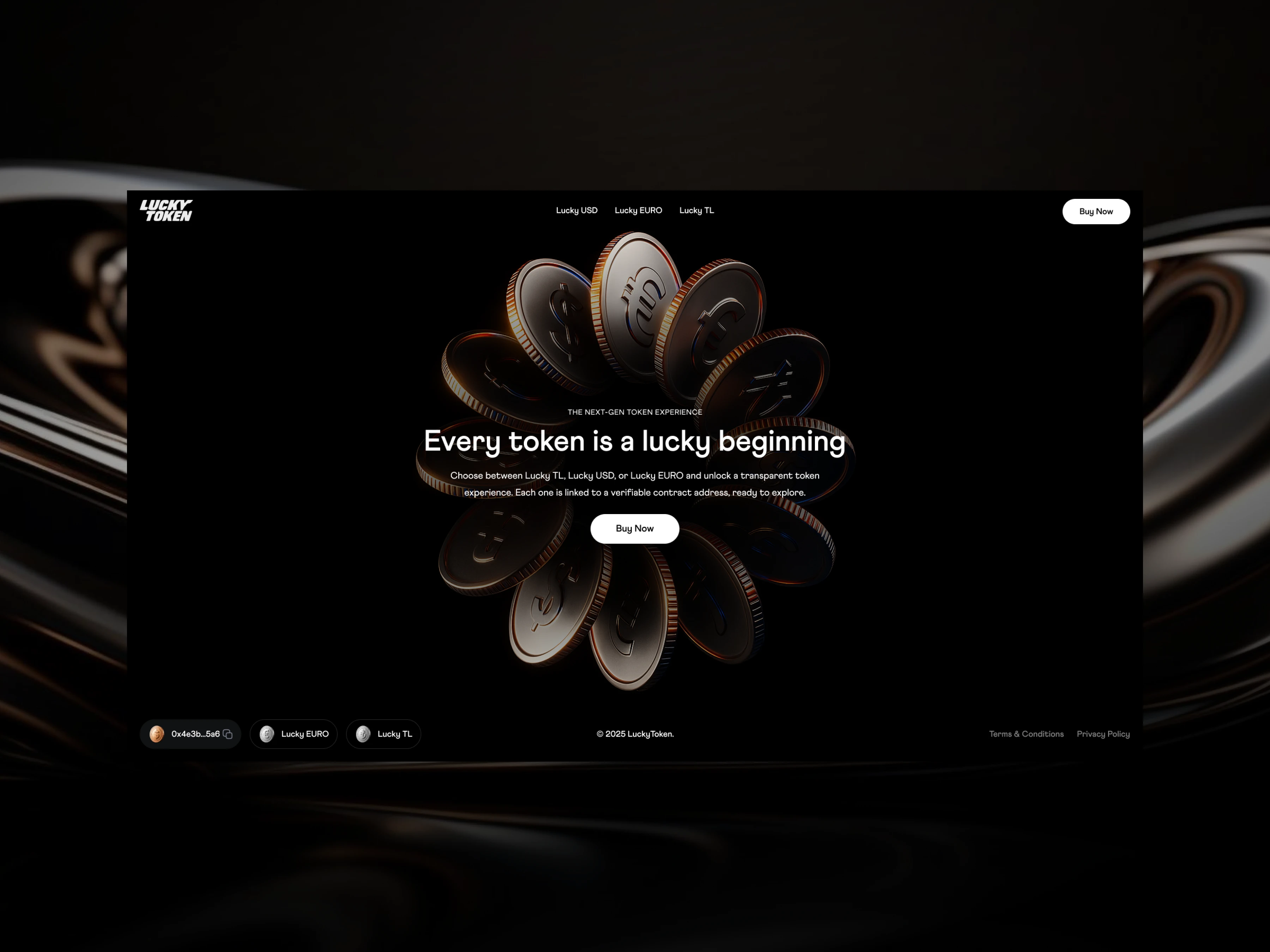 The hero screen of LuckyToken — where immersive 3D tokens meet clean, modular UI. Built to highlight the transparency and identity of each currency in a single bold view.

