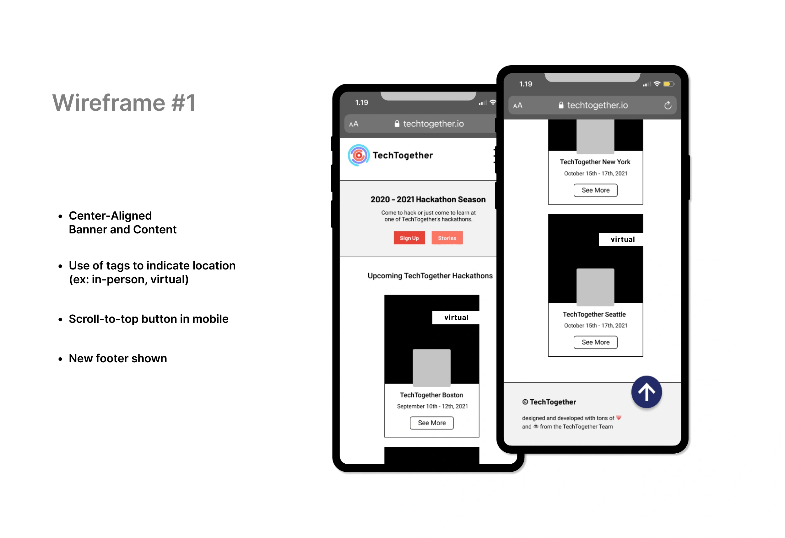 Wireframe 1: Center-aligned, Banner, and Content. Use of tags to indicate location (ex: in-person, virtual). Scroll-to-top button in mobile. New footer shown.