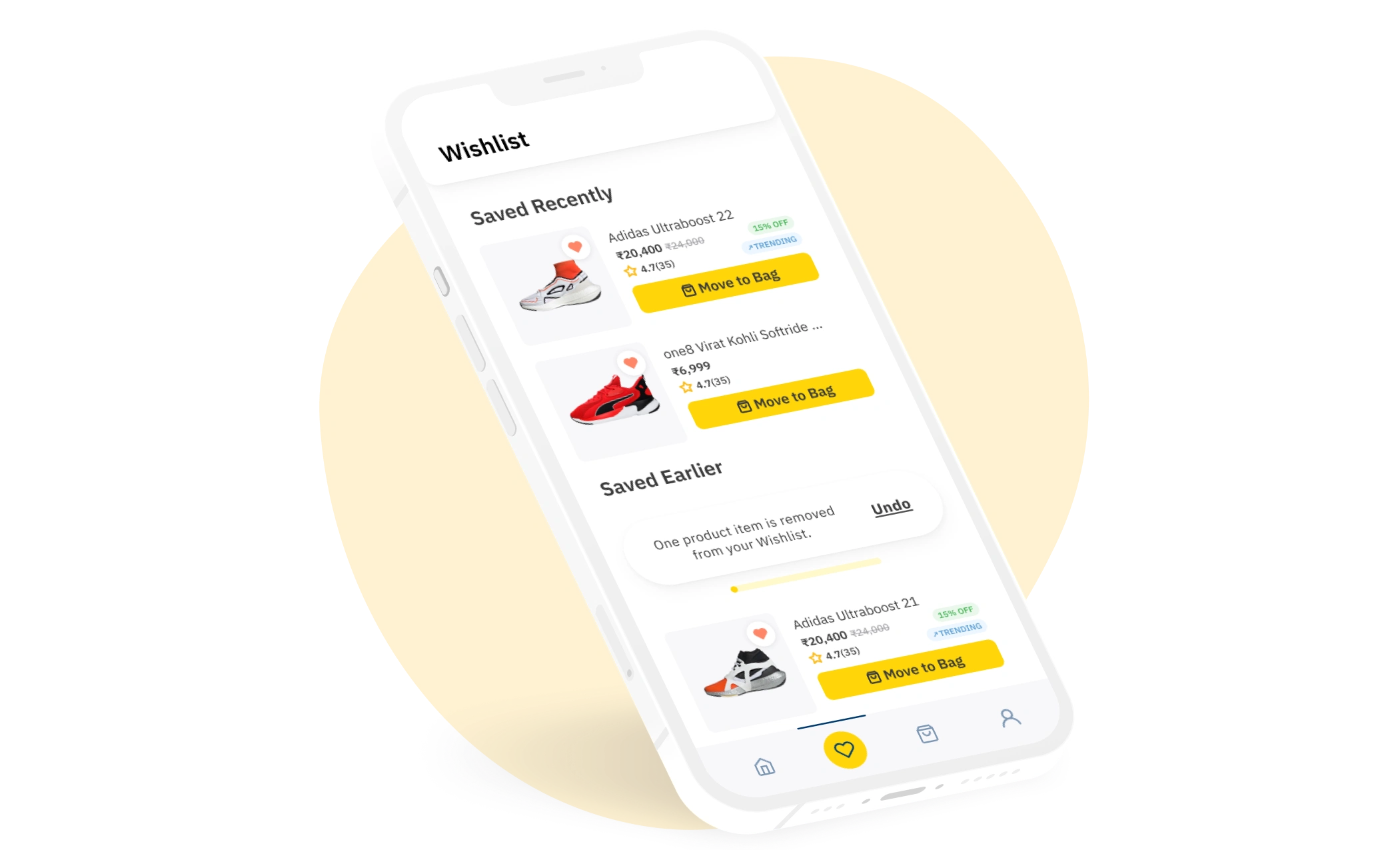 Wishlist screen with an removed item recover state