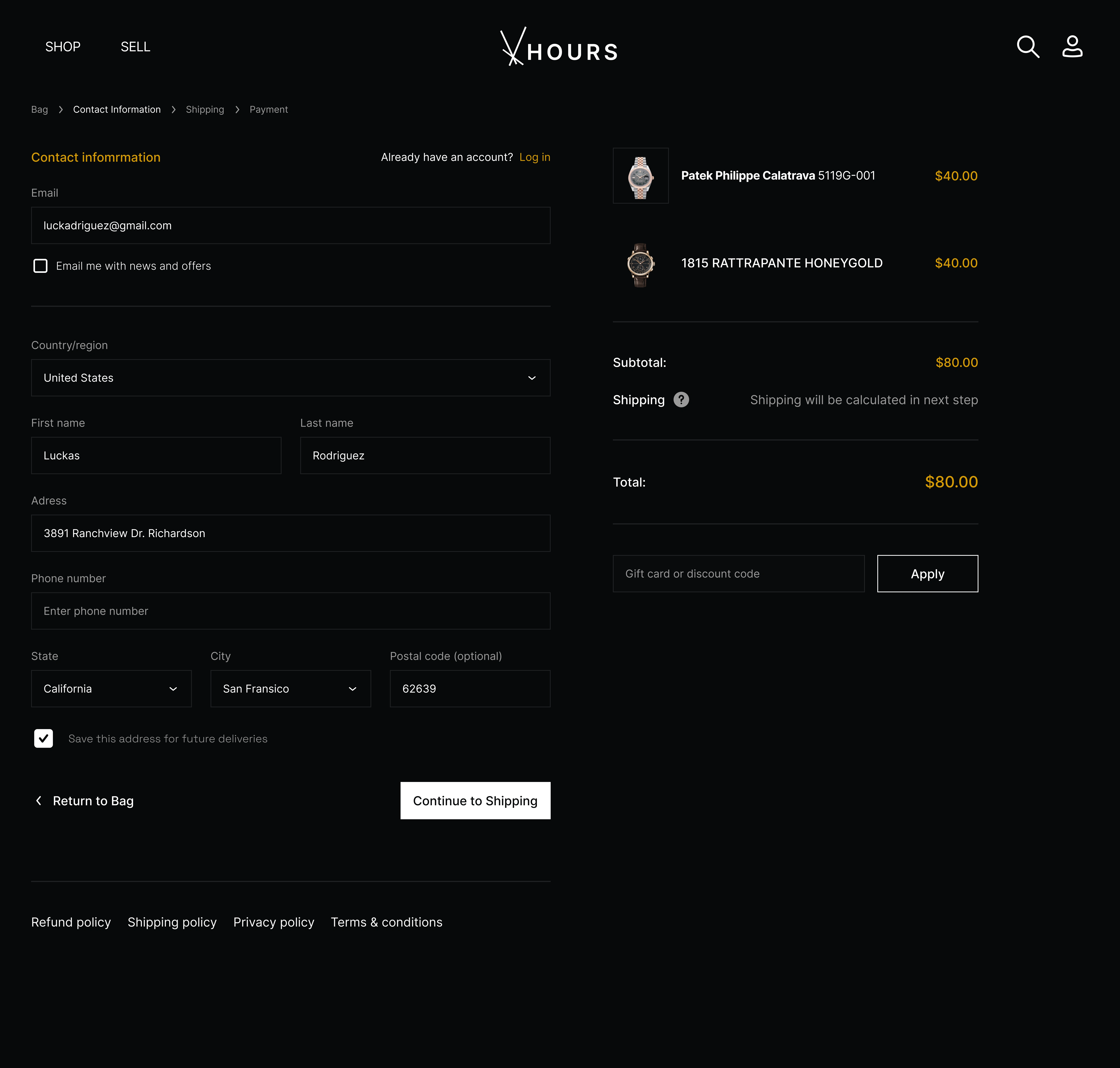 Contact Info/Shipping Page