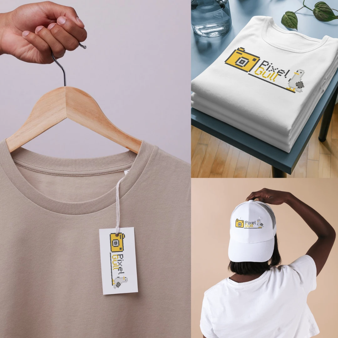 A fun, hand drawn pixel stype logo for a clothing and print selling brand, intentionally miss sized camera and seagul icons to break the mould and hand drawn seagul now used as the company mascot! 