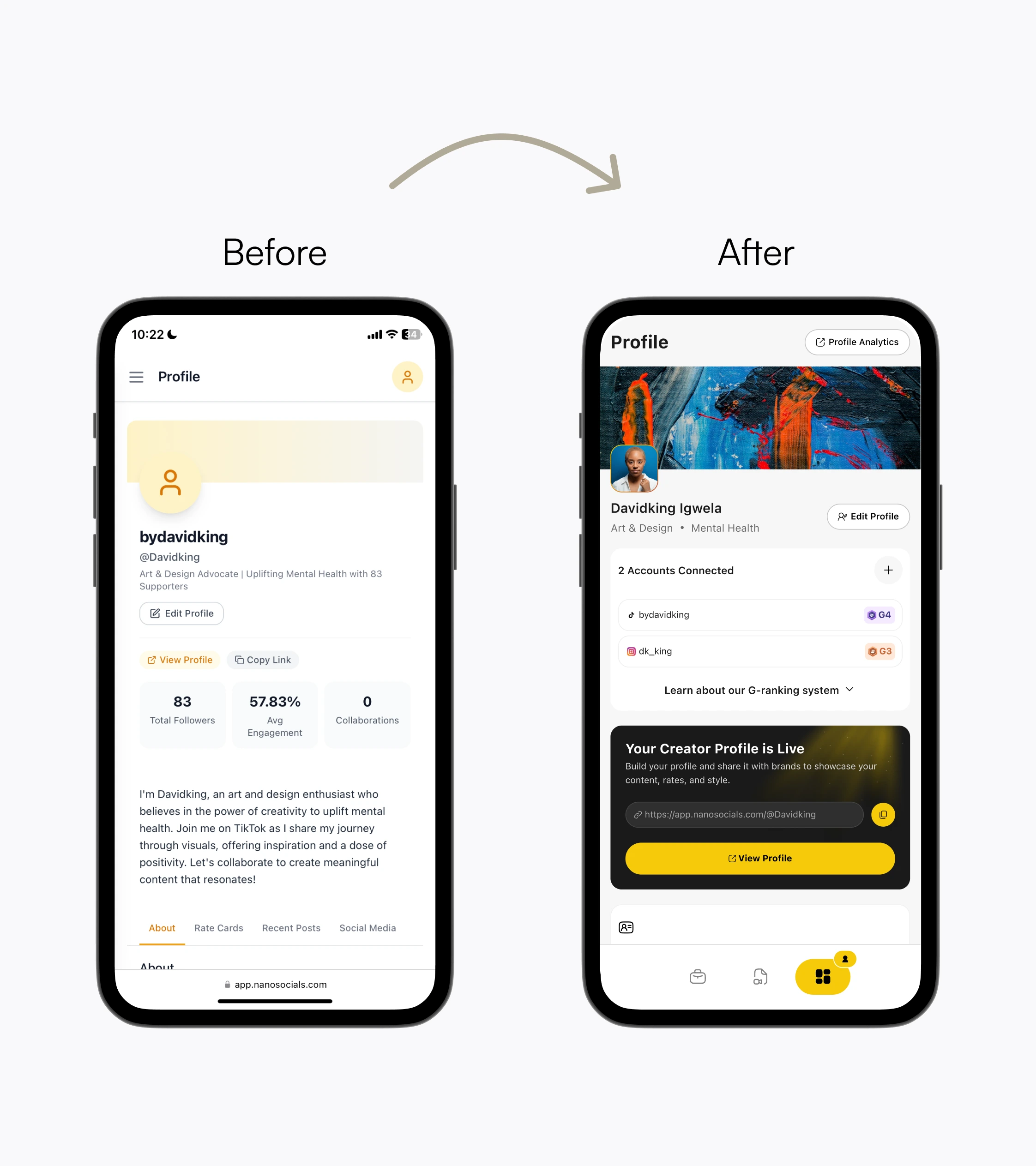 Before and after screen of the profile page