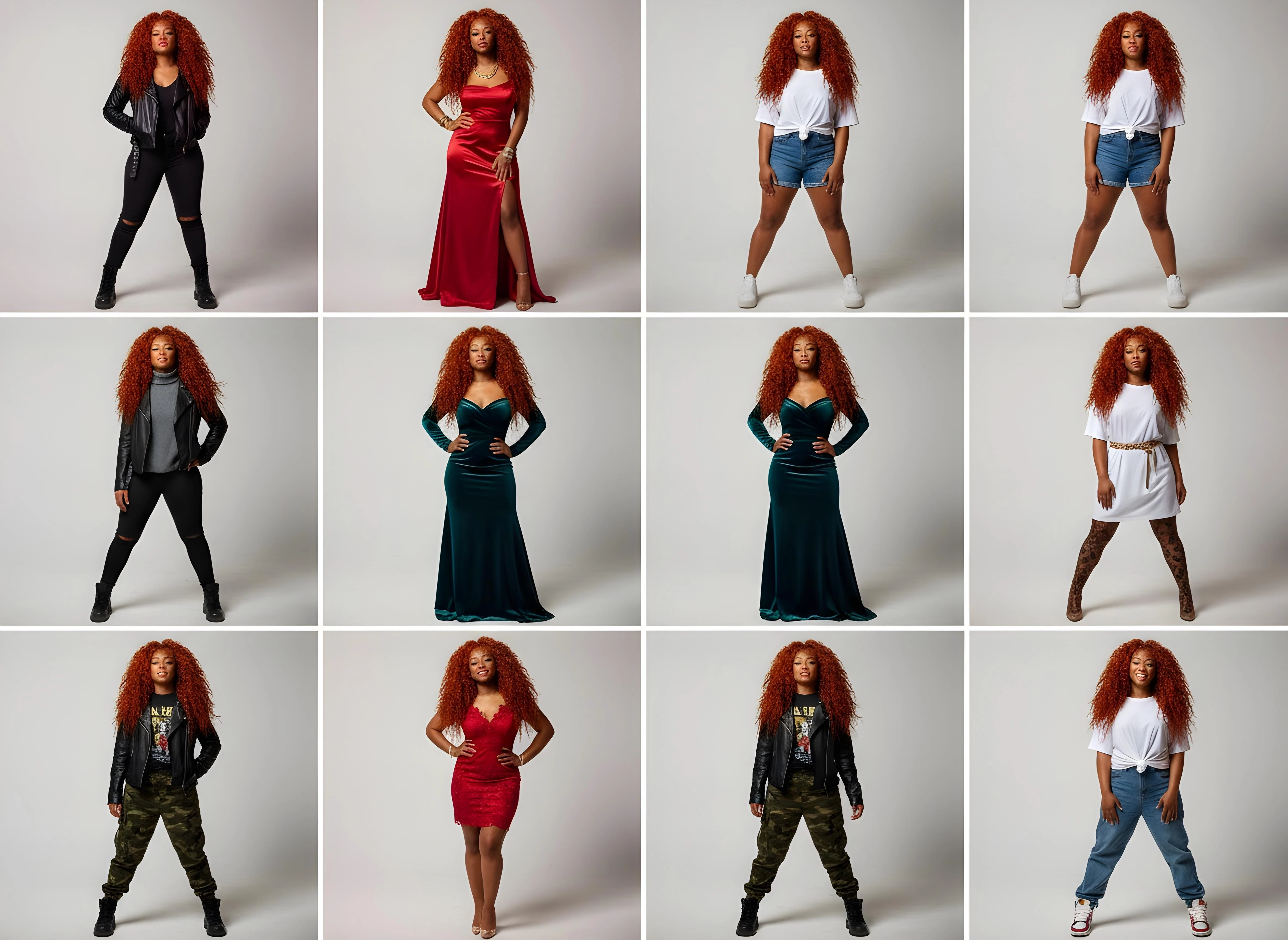 3X3 drid of a black model with different expressions wearing different dresses and having curly, red, long hair