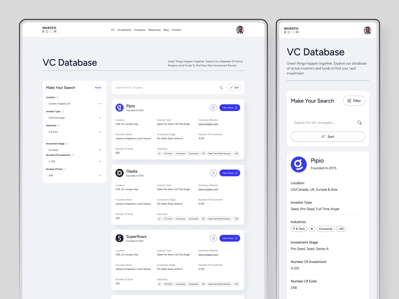 A clean, organized view of the Investoroom database.