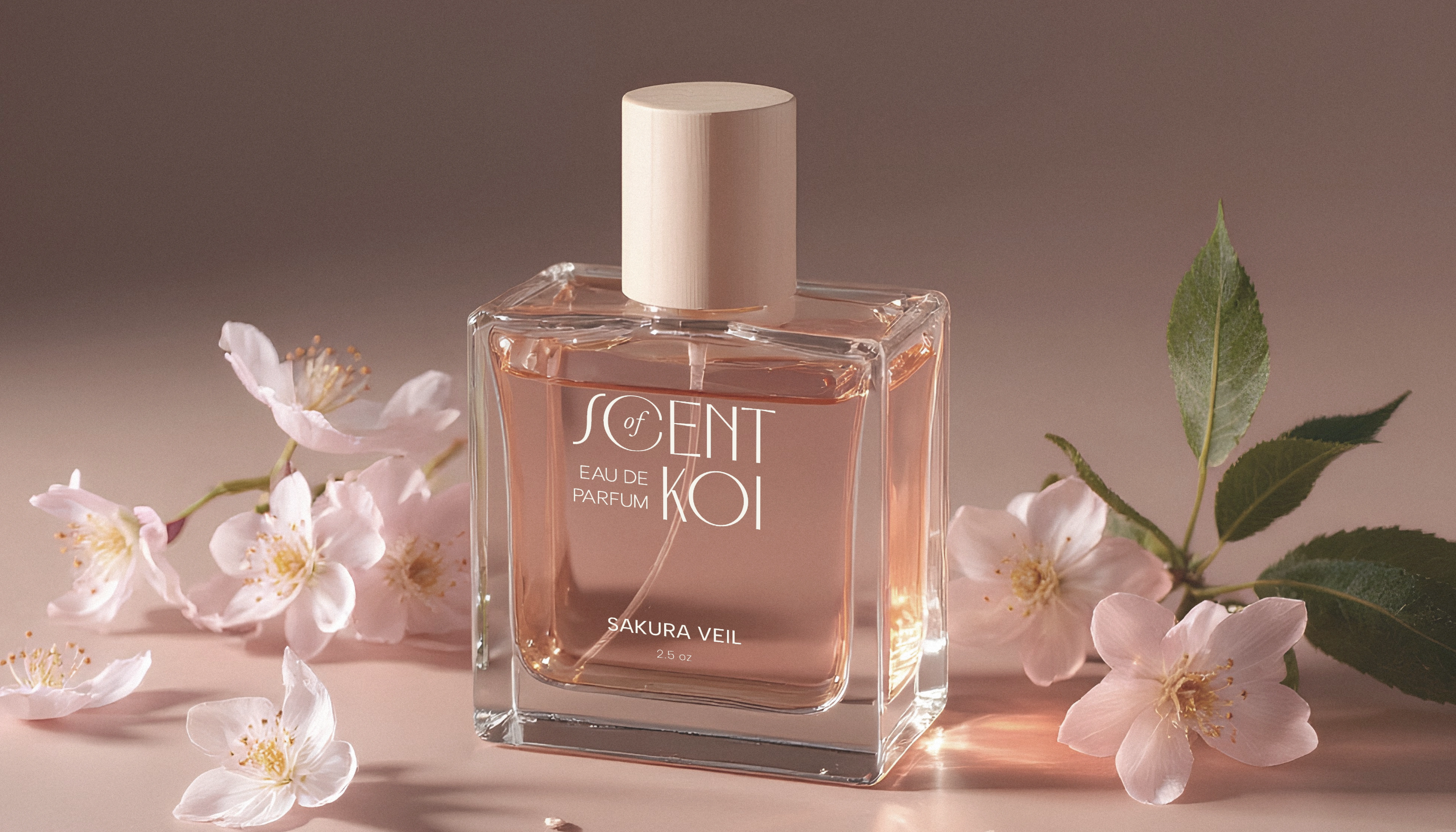 Minimal perfume bottle design for Scent of Koi Sakura Veil, styled with natural light and cherry