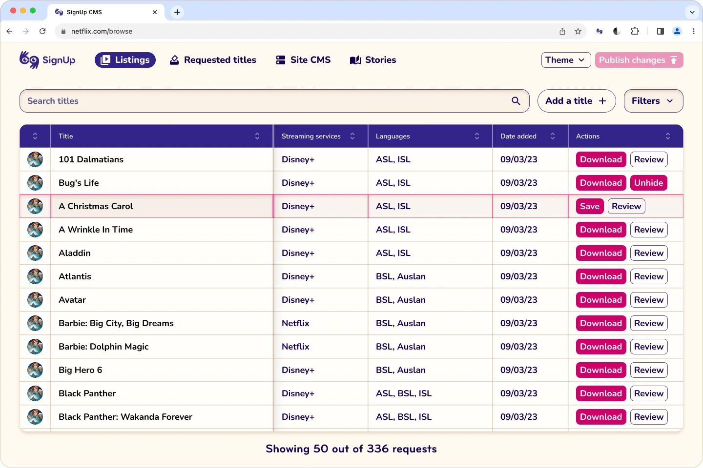 A screenshot of the SignUp CMS