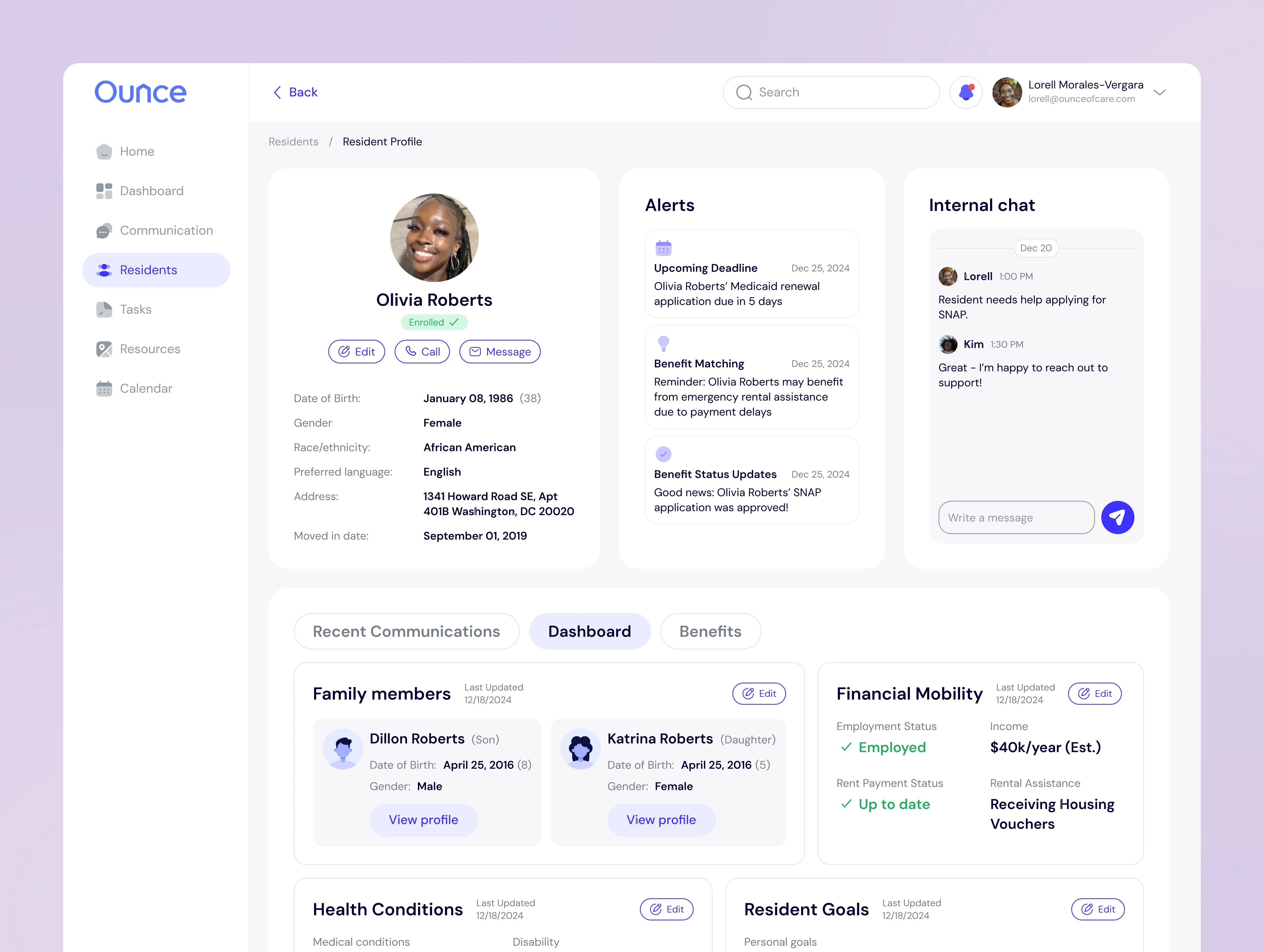 This project showcases a user-friendly resident profile interface designed for caseworkers. It enables tracking of alerts, communications, benefits, health data, financial mobility, and family details in one place. Built-in messaging and quick actions (edit, call, message) streamline support and improve resident care coordination.