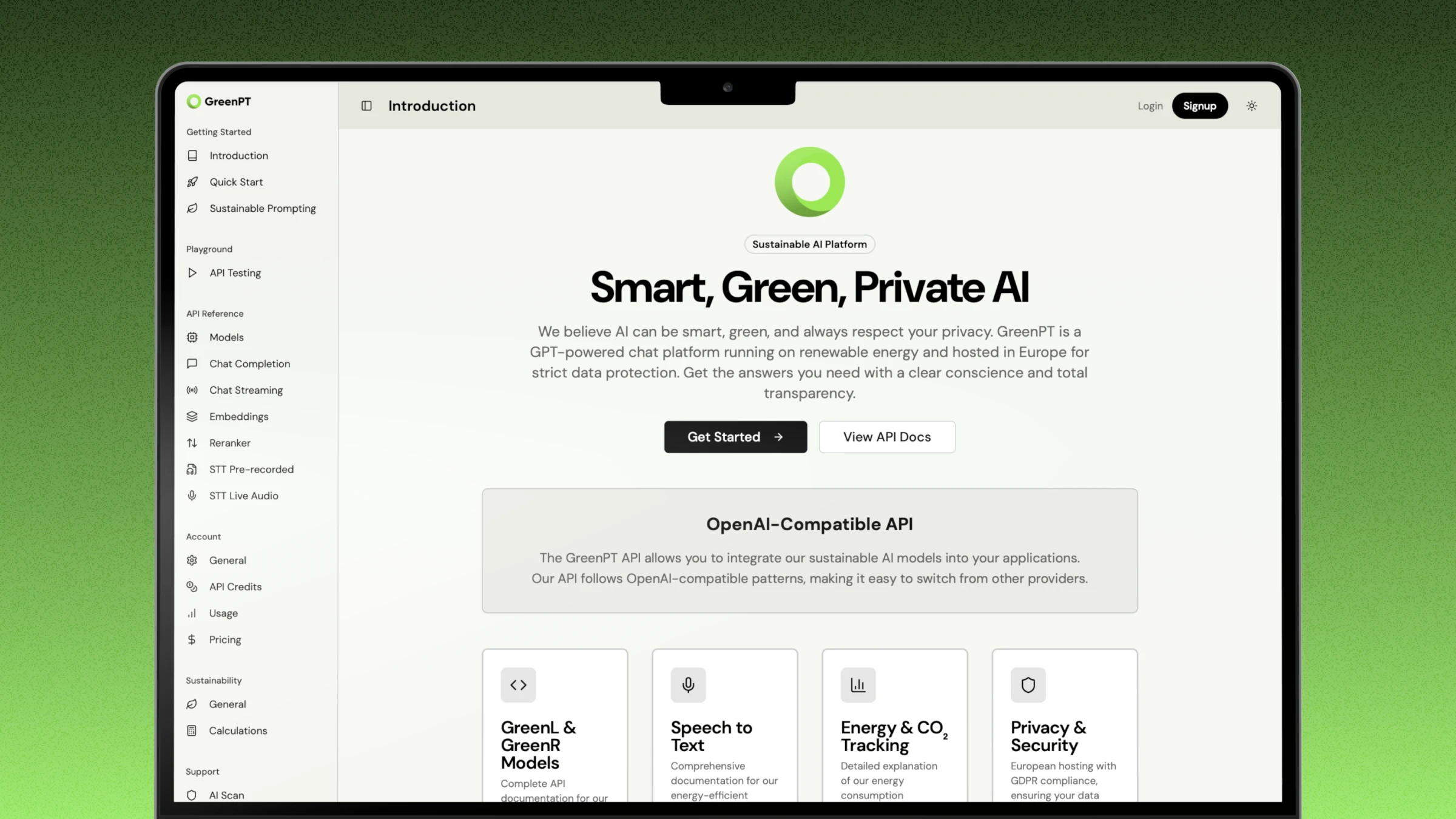 A simple landing page with everything you might need if you're using GreenPT