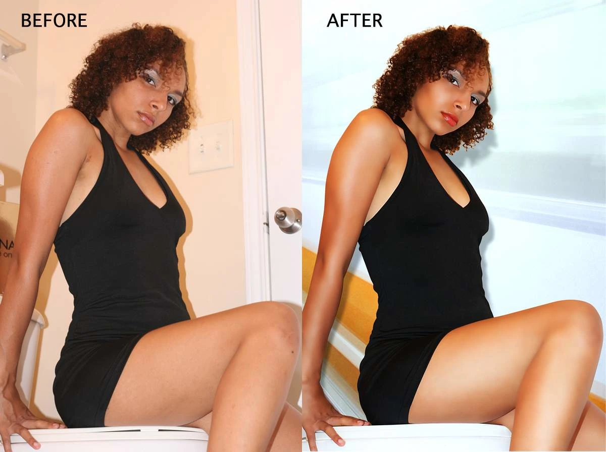 Color saturation, background replacement, light make-up application, and dramatic skin smoothing with use of manual dodging and burning,