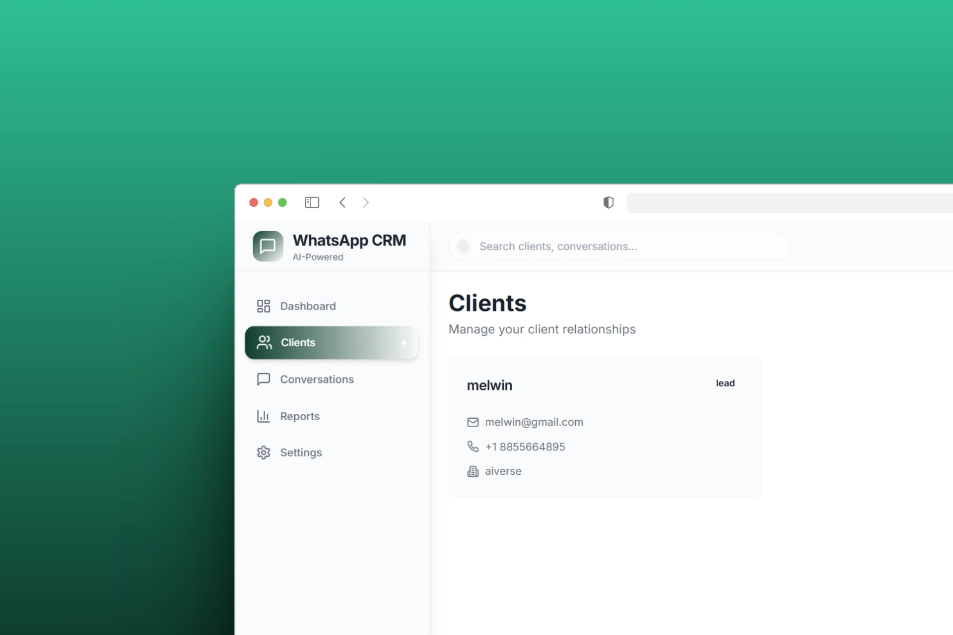 Client Management Interface - Streamlined client list with status indicators, contact details, and tag-based organization for efficient relationship management.