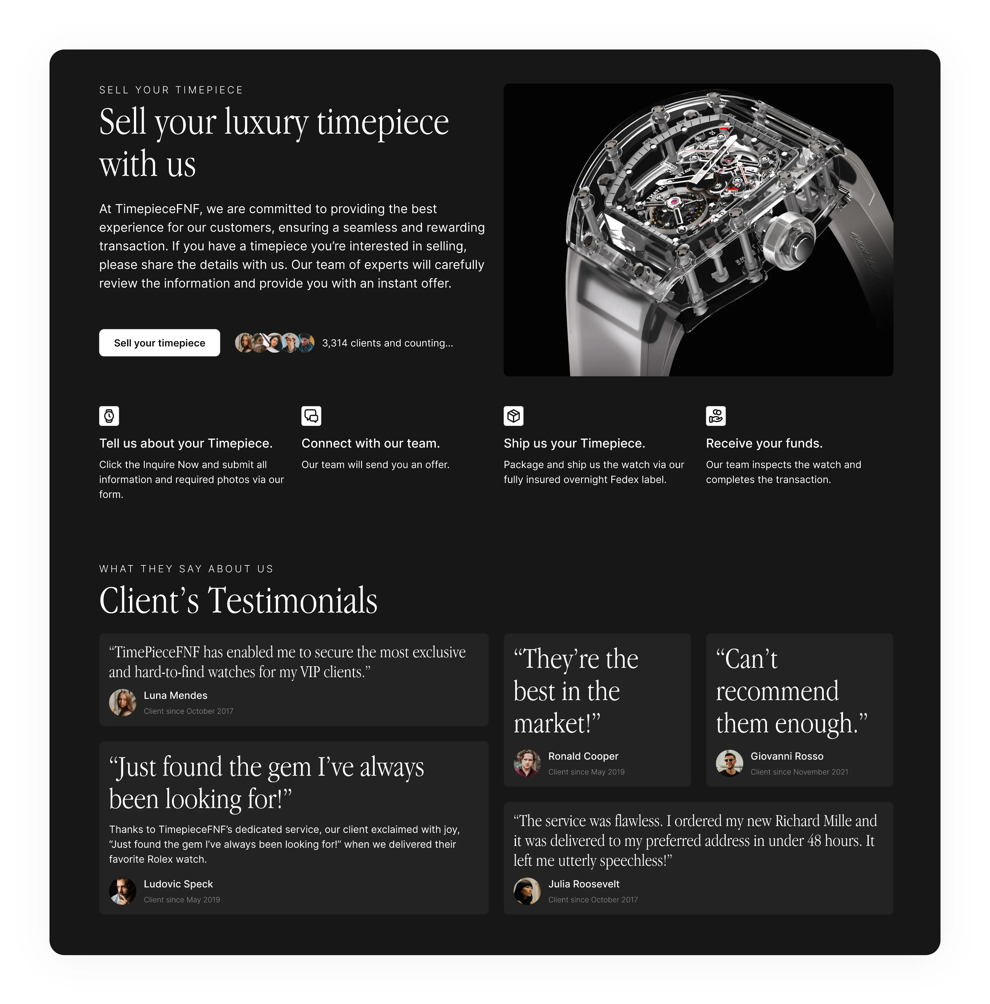 Sell your timepiece screen, along with client testimonials.
