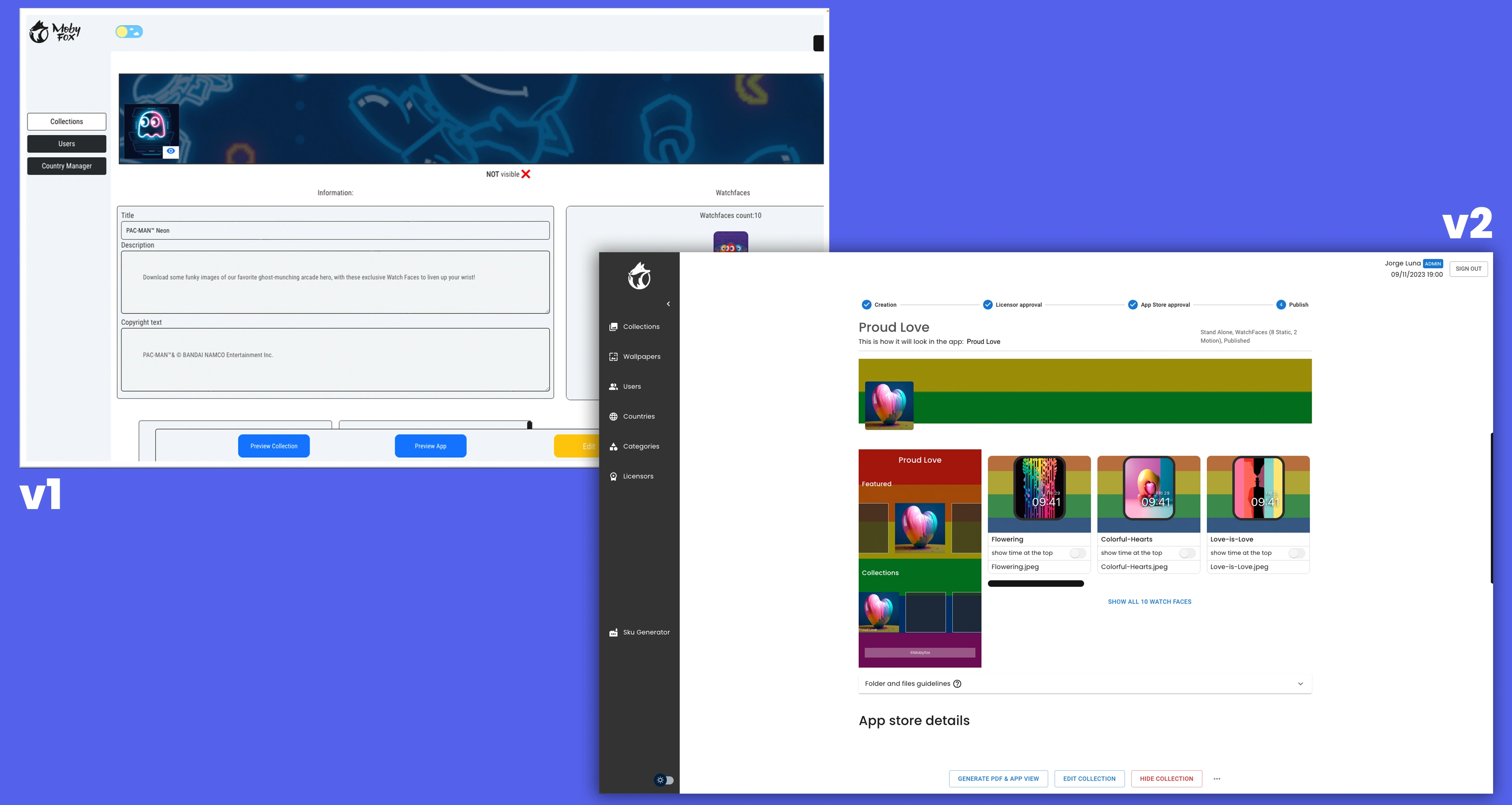 The evolution of the Backoffice used as a CM tool for digital products. Above: Version 1 and 2. Below: Version 3 with an improved workflow and data