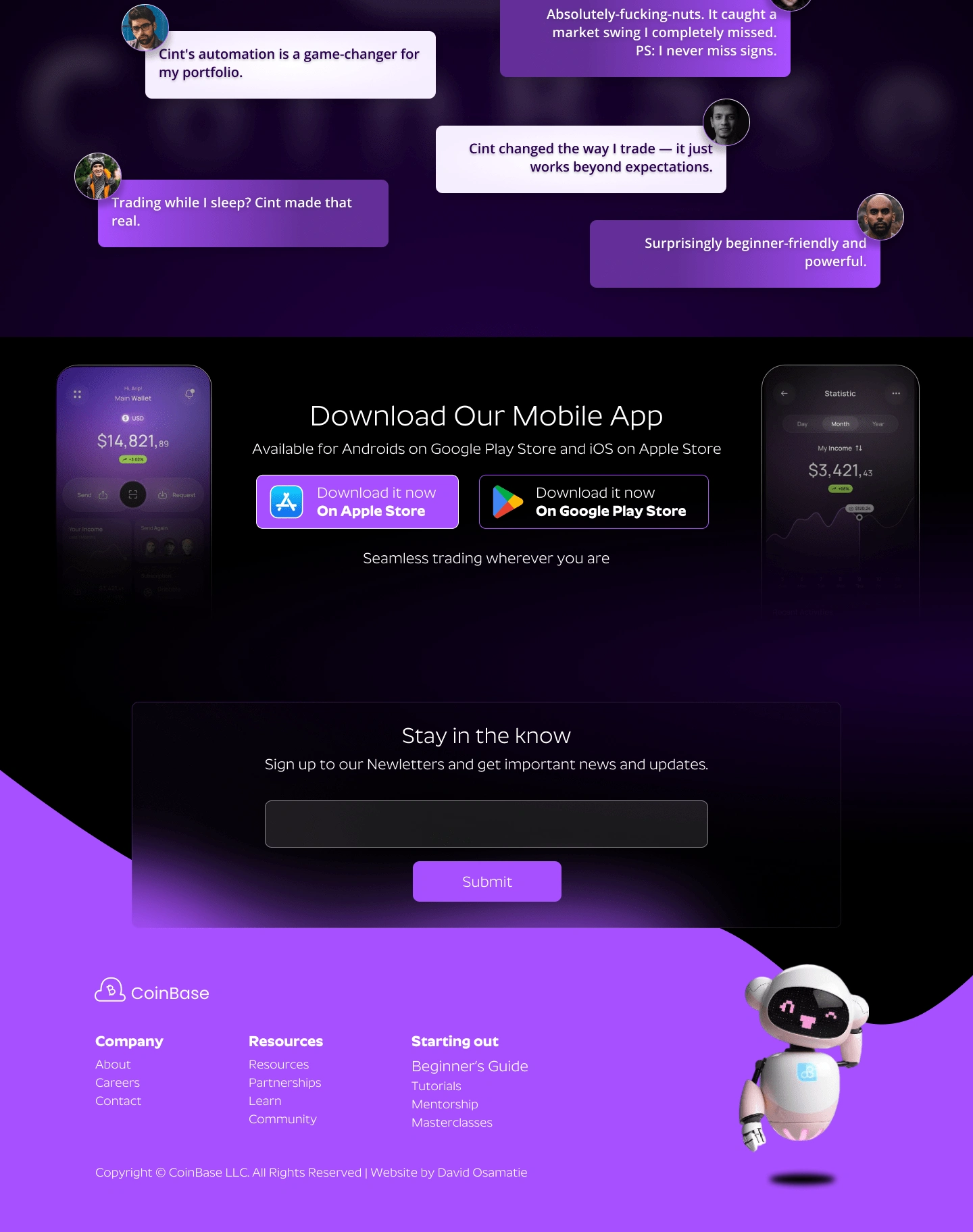 CoinBase Trading Website Landing Page Design, Testimonial section, Mobile app section, newsletter or lead magnet section, footer