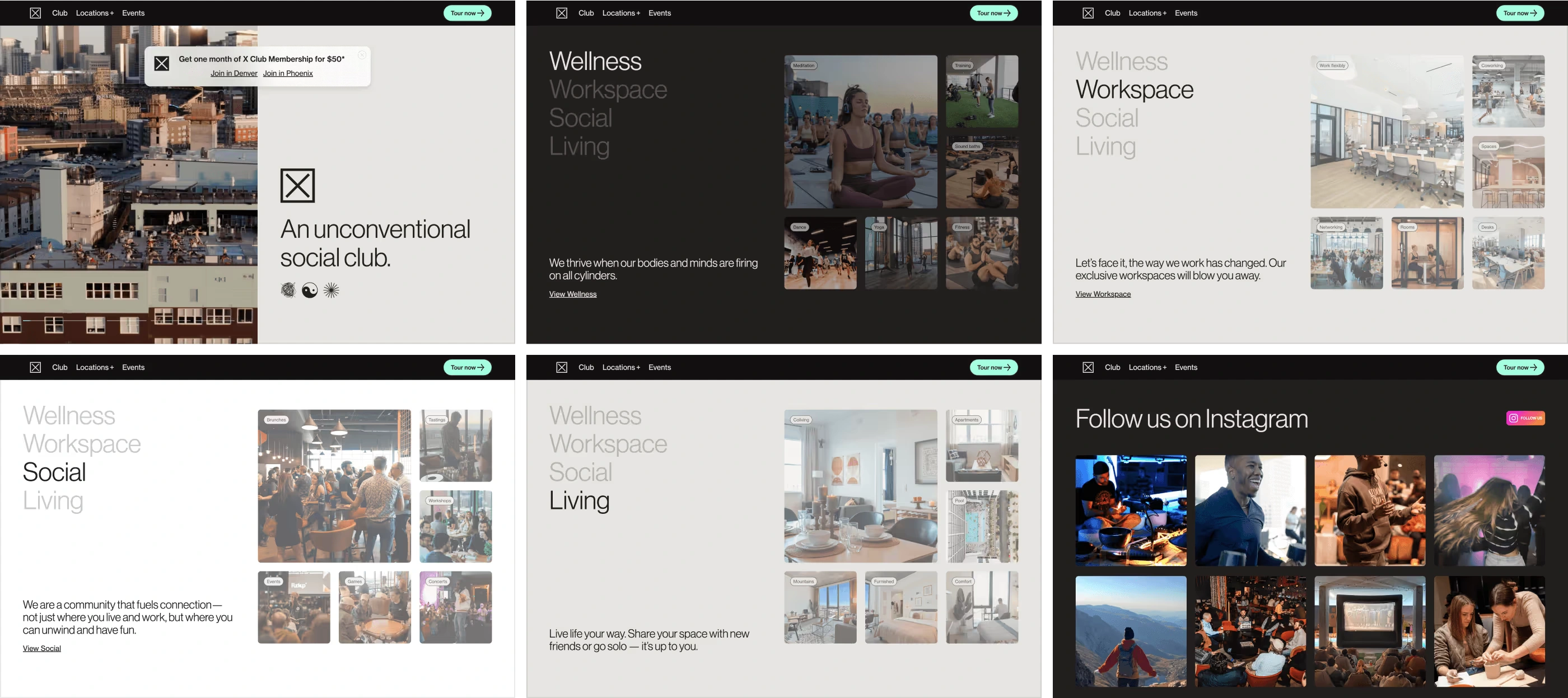 Extending the new visual language across community, spaces, residences, and conversion.