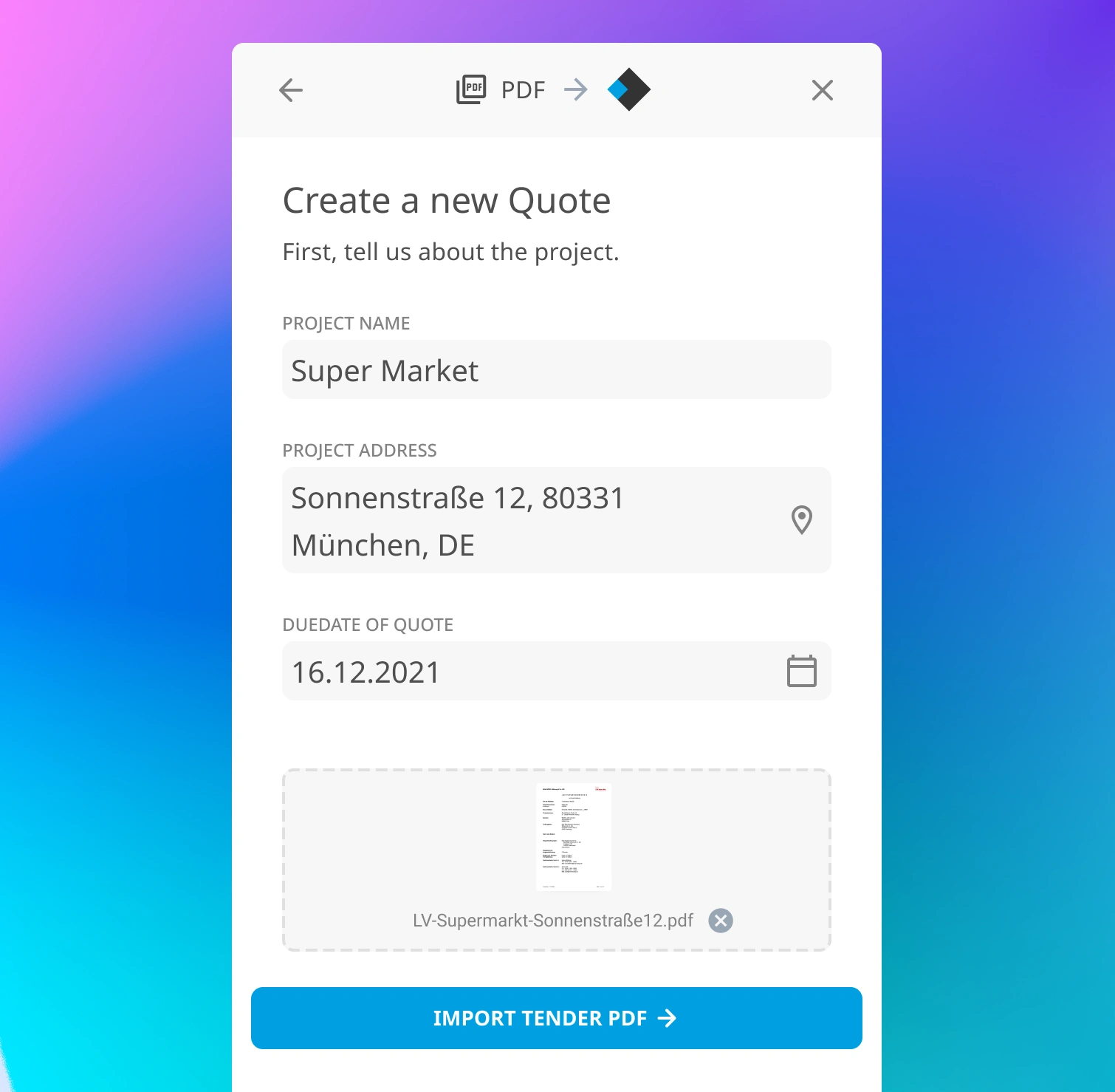 New business starts with a tender, and providing a quote asap. Instead of manually transfering each position, customers can import the tender directly in seconds.