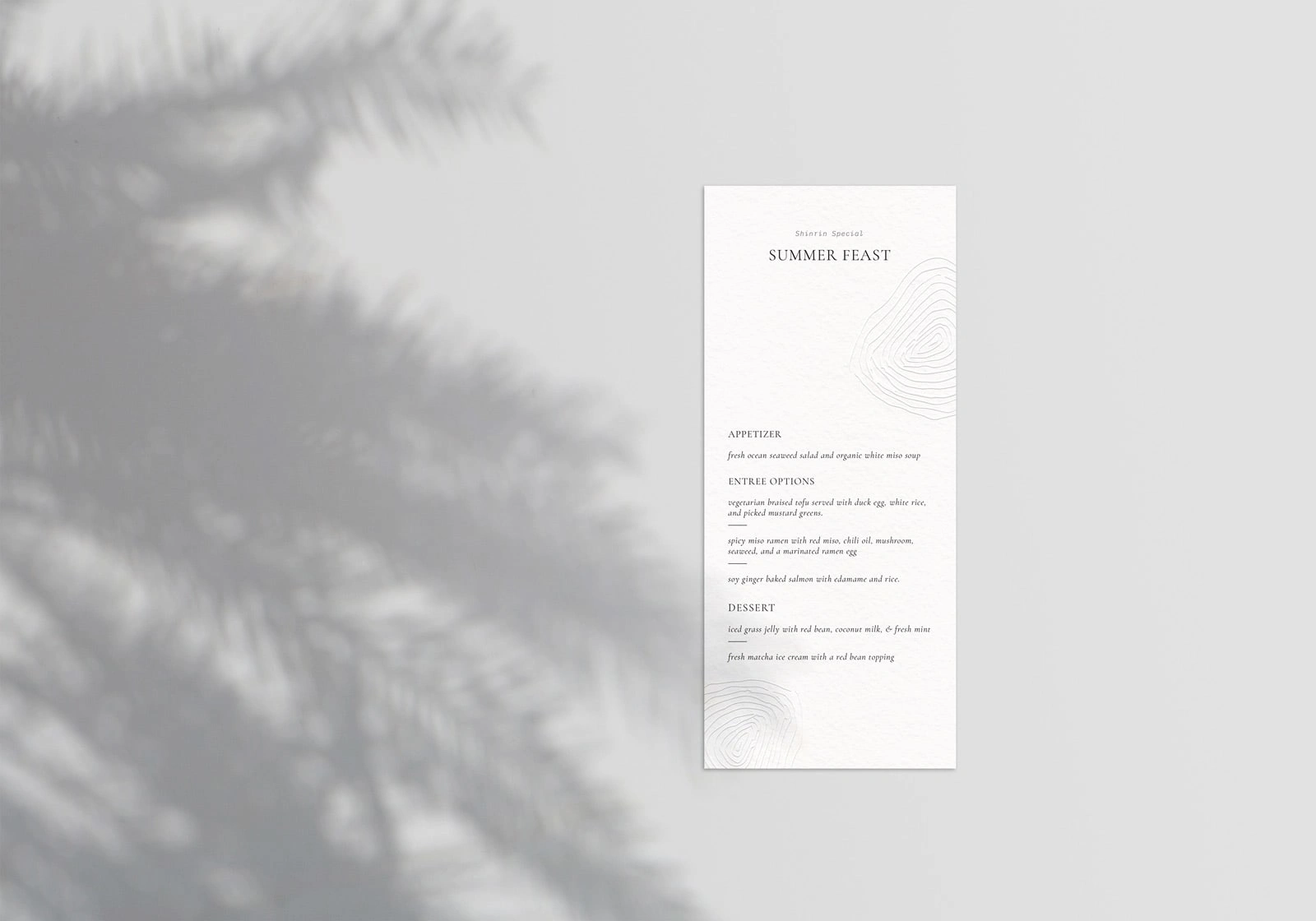 To invite texture into the brand experience, we designed a menu with embossed tree ring textures (from the brand illustrations). Whoever interacts with this menu can run their fingers over the paper textures and experience a bit of forest bathing, even if they’re not necessarily forest bathing or in the forest.