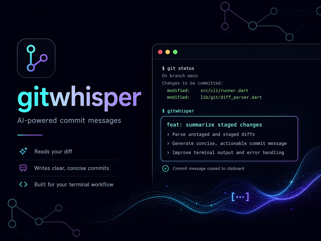 Cover image for gitwhisper: AI commit messages from staged changes