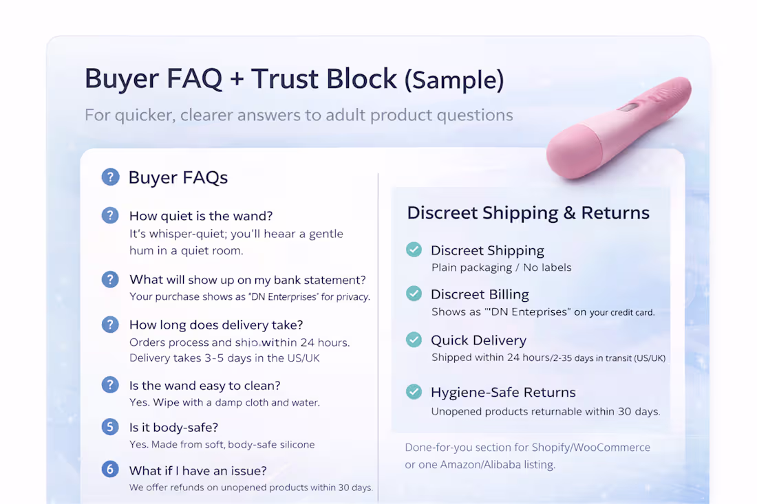 Cover image for Buyer FAQ + Trust Block (Sample) — Adult Product Page I crea...