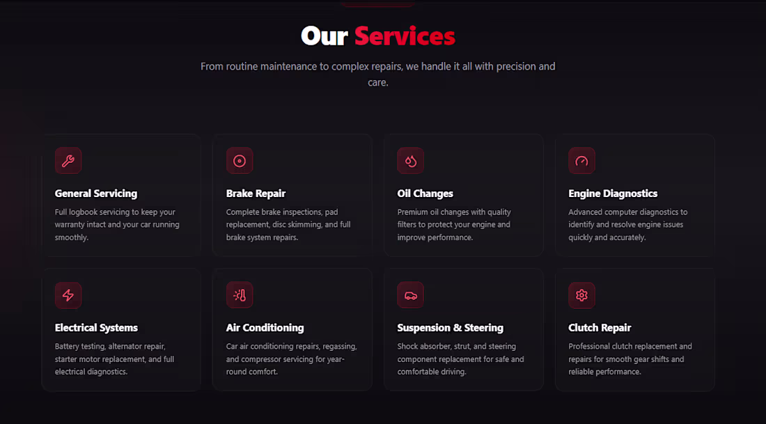 Cover image for Services page for a mechanic